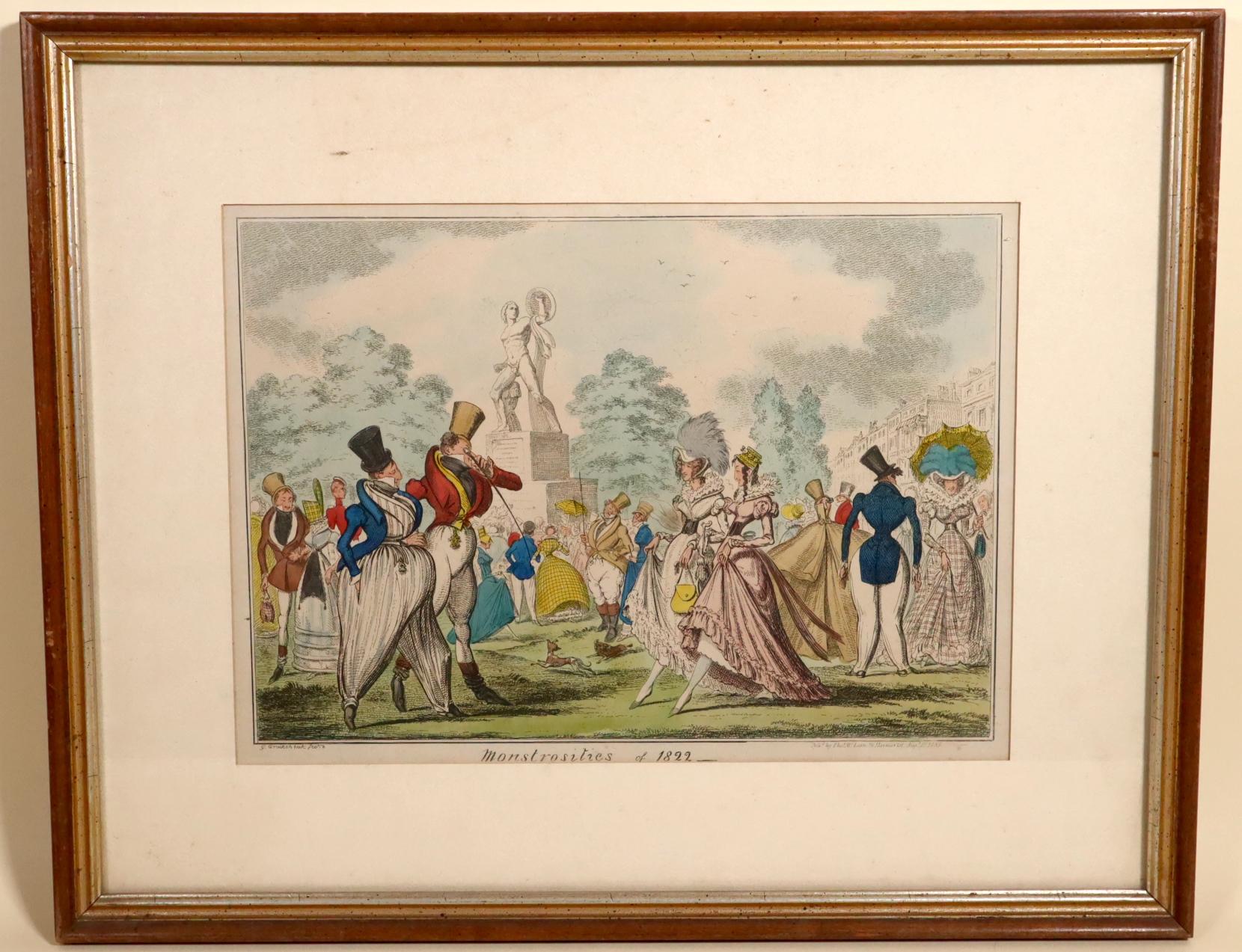 Monstrosities of 1822 designed by Cruikshank urban fashion satire hand colored For Sale 2