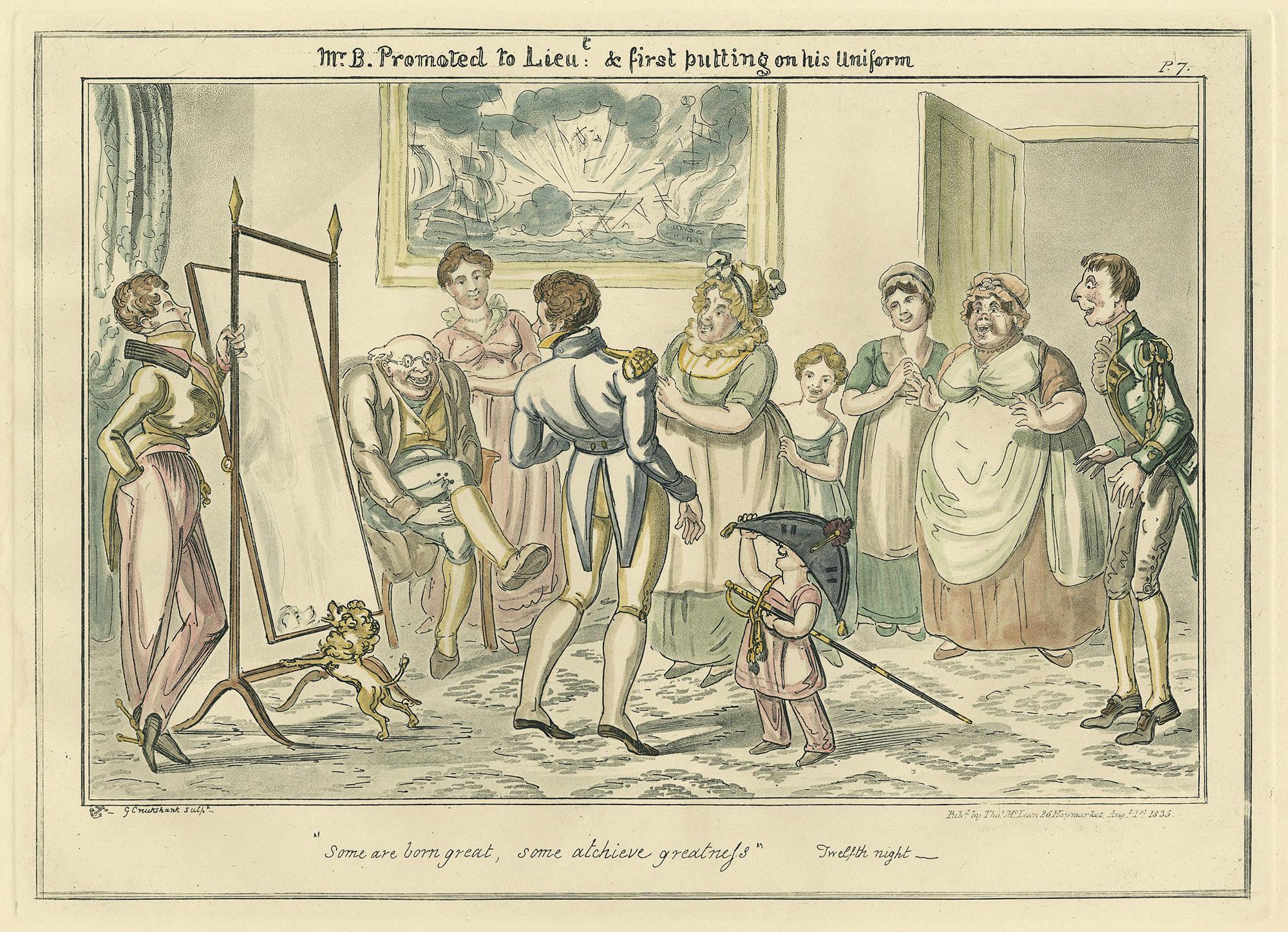 George Cruikshank Figurative Print - Mr. B. Promoted to Lieutenant and first putting on his uniform.