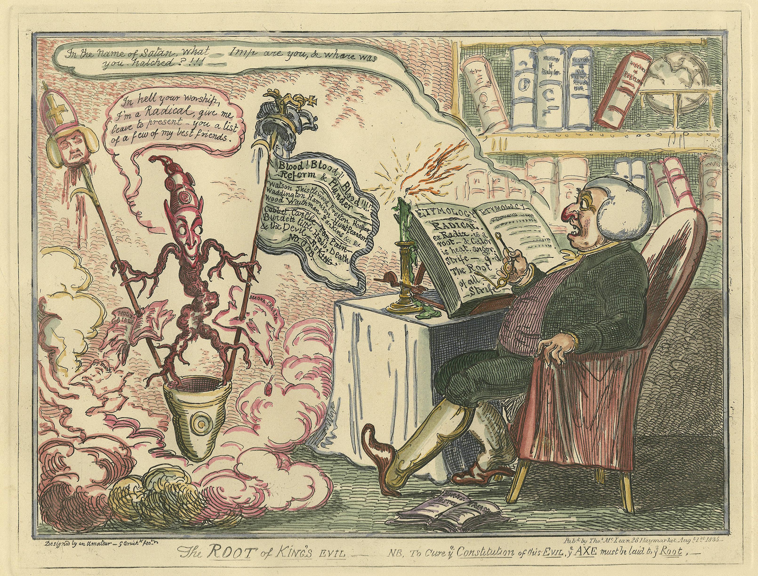 George Cruikshank Interior Print - The Root of King’s Evil, NB To cure the Constitution of this evil, the axe ...