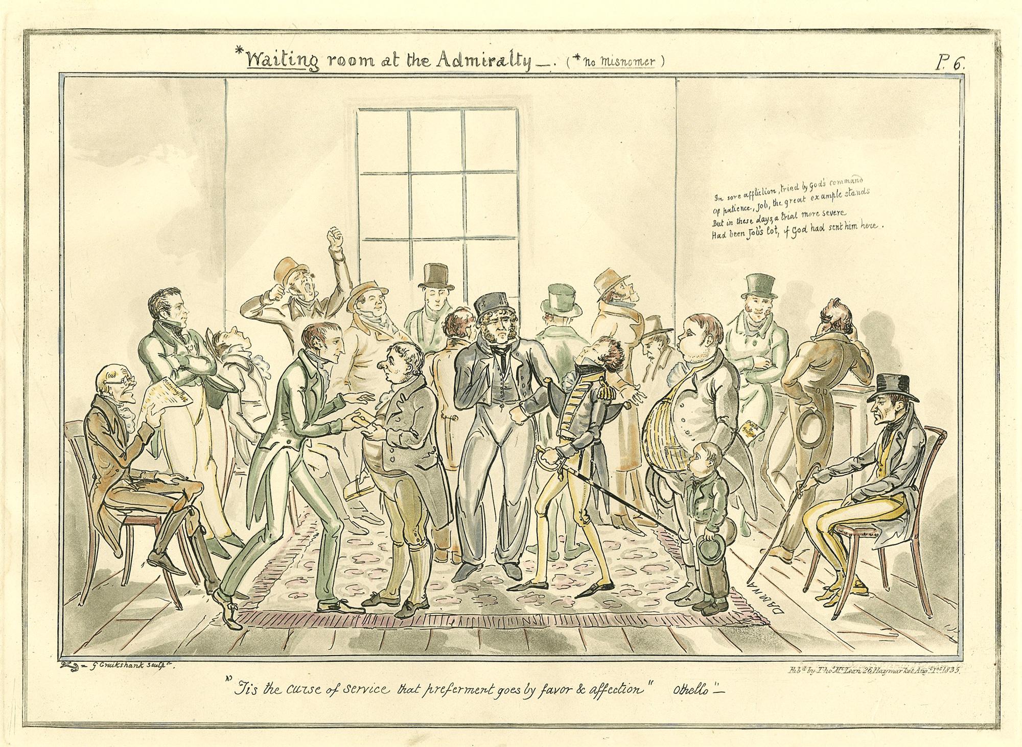 George Cruikshank Figurative Print - Waiting room at the Admiralty (*no Misnomer) 
