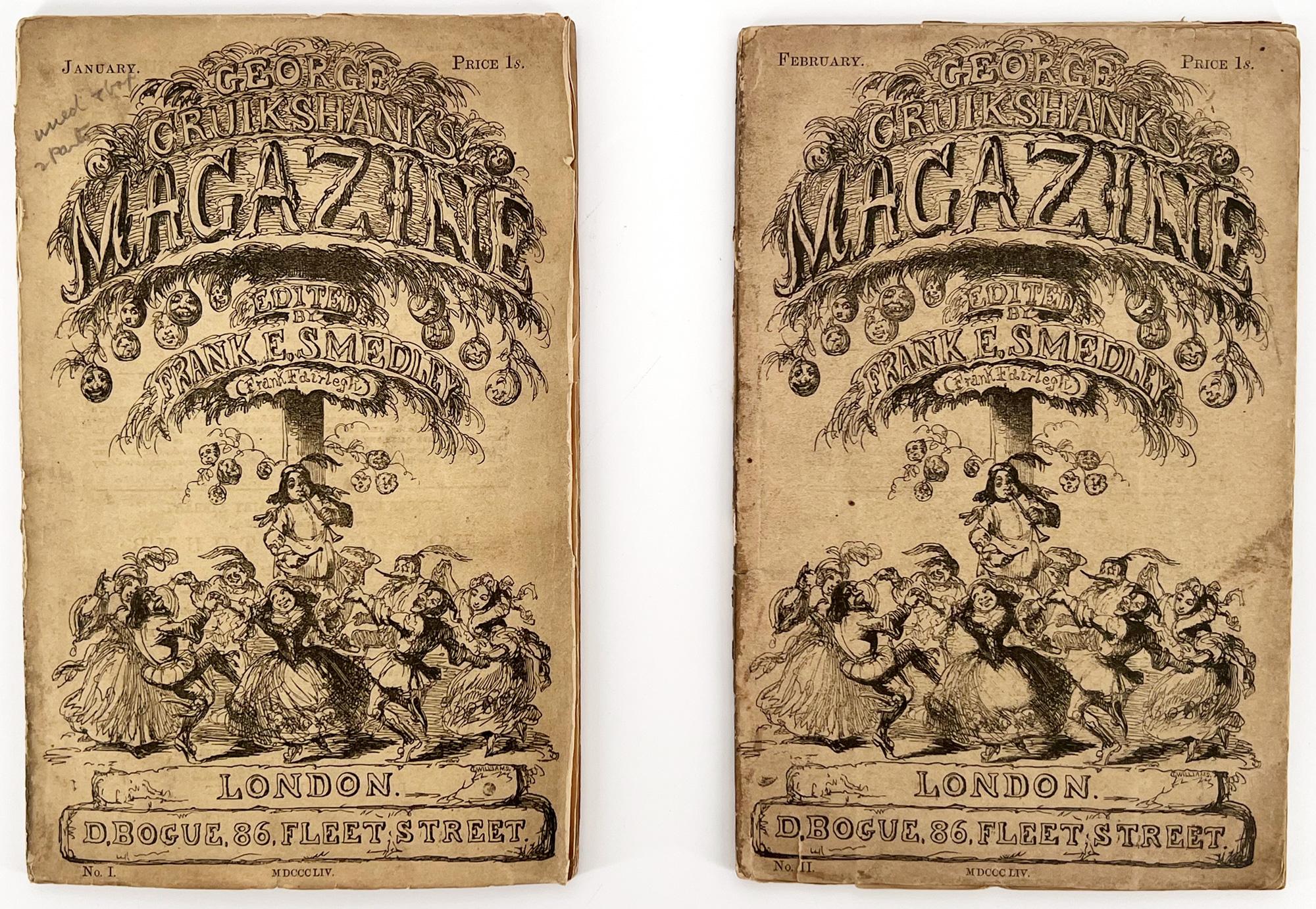 VERY RARE, complete run (2 issues) of the illustrated George Cruikshank's Magazine, with all four folding plates by Cruikshank. In a handsome custom case.

London: D. Bogue, 1854. 
8vo, 2 magazines, each 8 3/4 x 5 5/8 (223 x 145 mm), January 1854