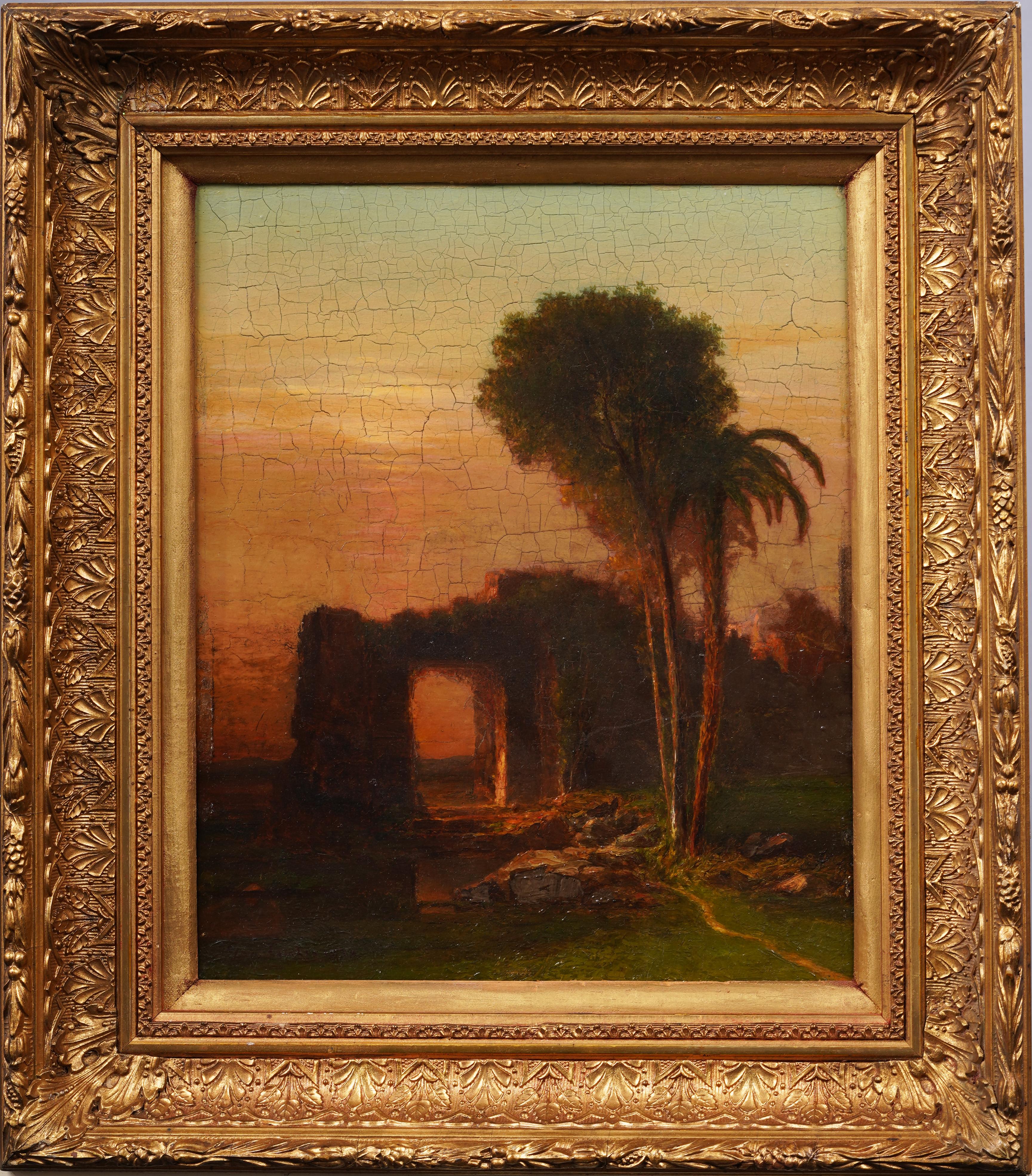 Antico dipinto ad olio americano della Scuola del fiume Hudson firmato Sunset Ruins Landscape - Painting di George Curtis