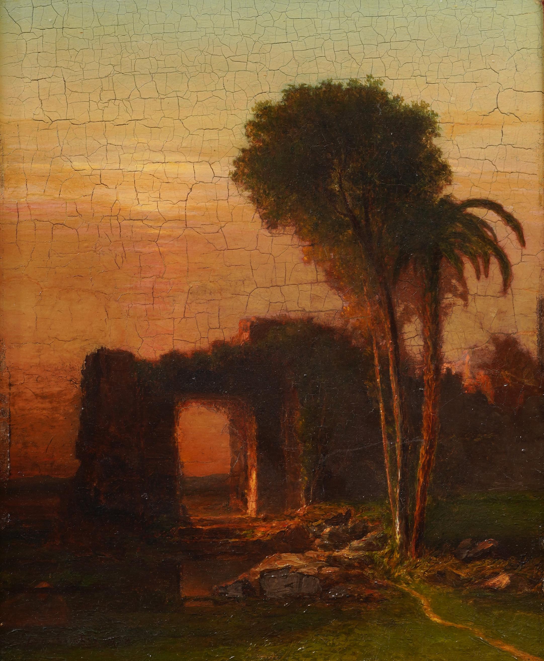 Antico dipinto ad olio americano della Scuola del fiume Hudson firmato Sunset Ruins Landscape - Painting Hudson River School di George Curtis