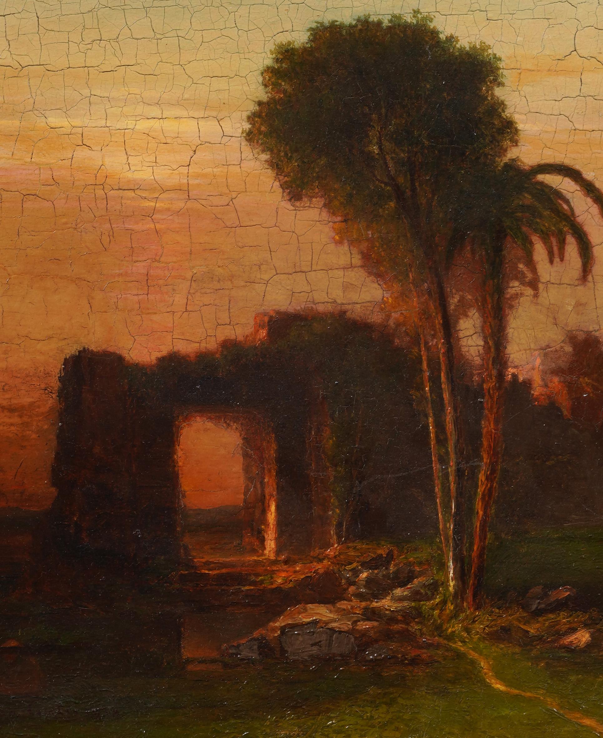 Grazioso dipinto di paesaggio al tramonto con rovine di George Curtis (1826 - 1881).   Incorniciato.  Olio su tavola.  Firmato.  Dimensioni dell'immagine, 12H per 10L.