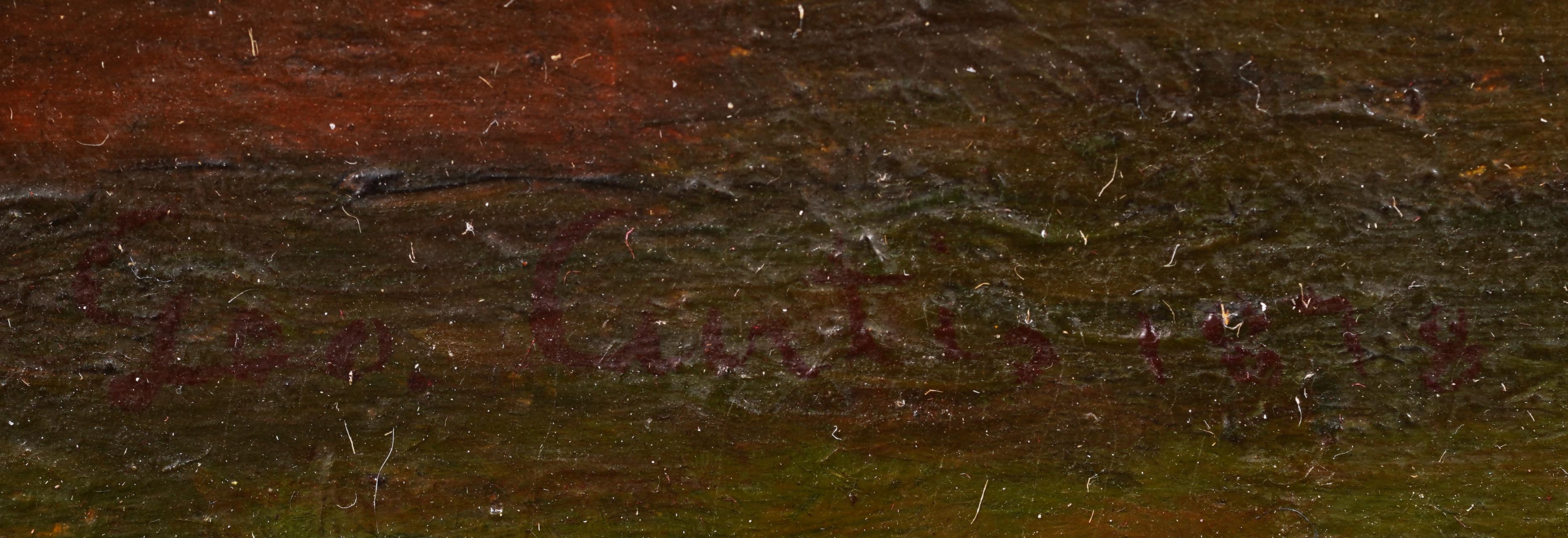 Antico dipinto ad olio americano della Scuola del fiume Hudson firmato Sunset Ruins Landscape 1