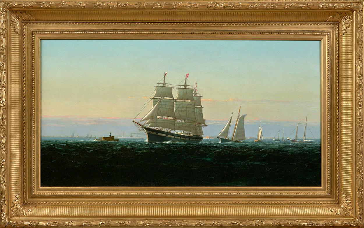Marine Scene of a Clipper Ship Leaving Boston Harbor  - Painting by George Curtis