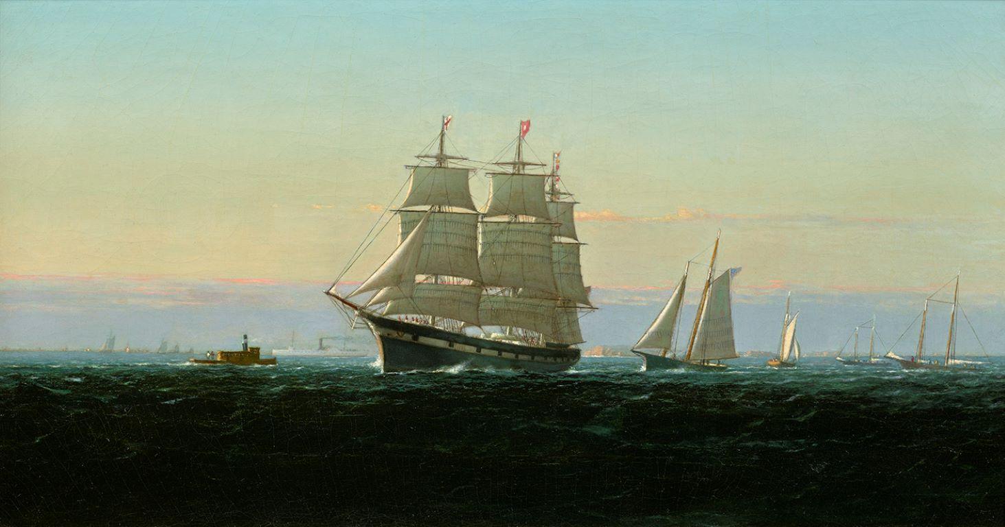 George Curtis Landscape Painting - Marine Scene of a Clipper Ship Leaving Boston Harbor 