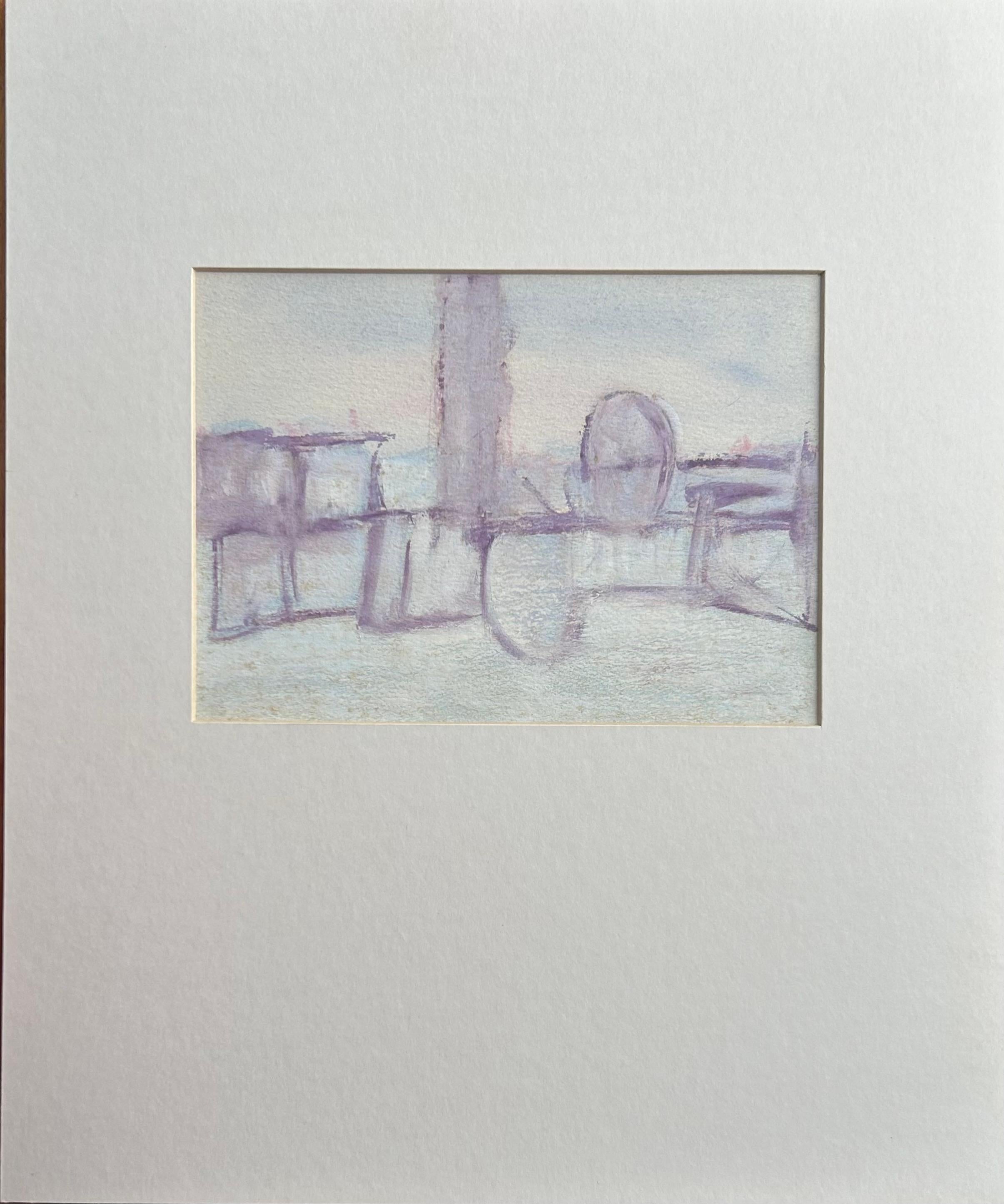 George Dannatt Figurative Painting – Flusslandschaft im Schnee, Gouache auf Papier, abstrakt, 1963, 17,2x23,8 cm