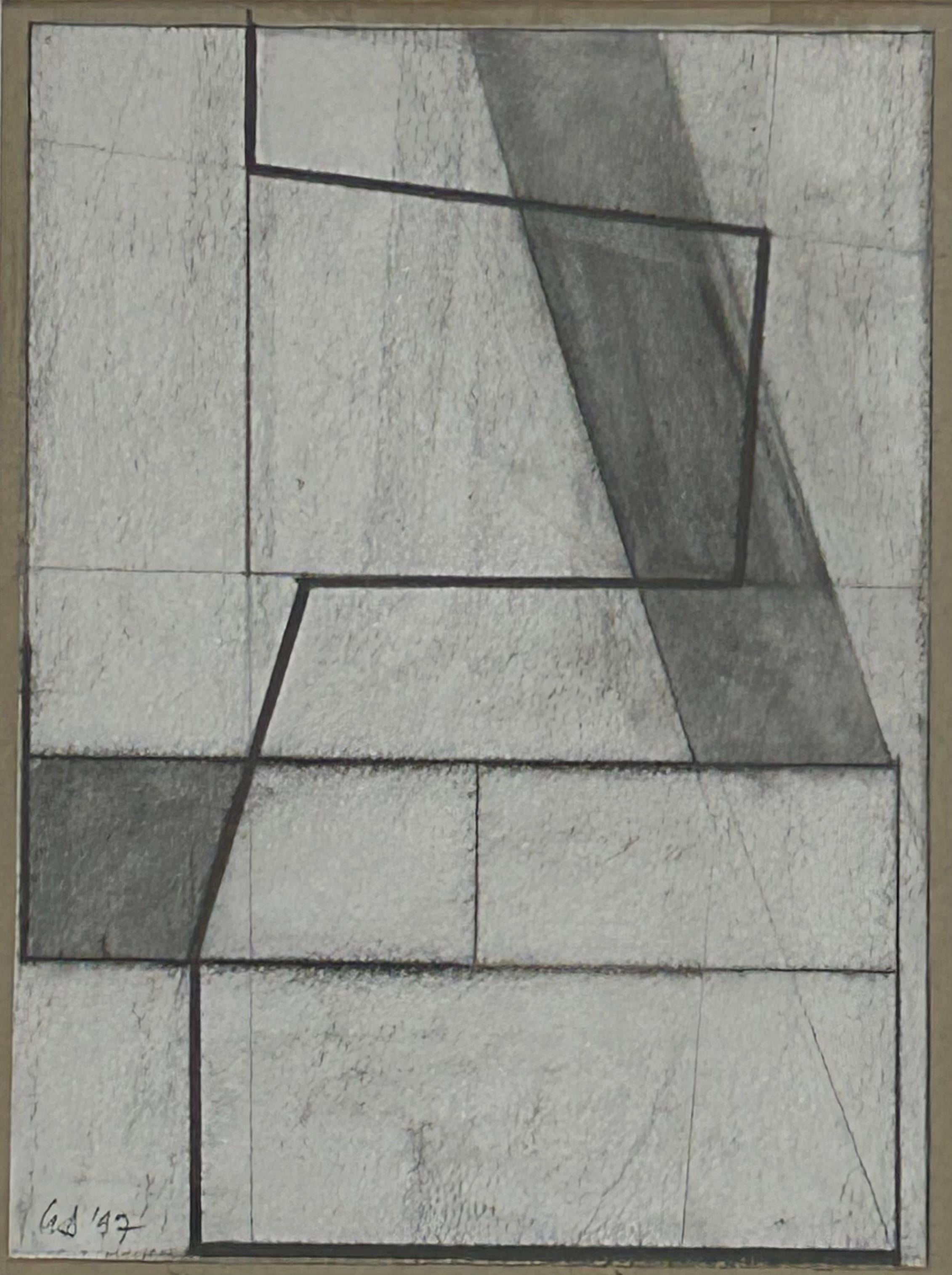 Pequeña composición lineal sobre grafito - Abstract Painting Gris de George Dannatt