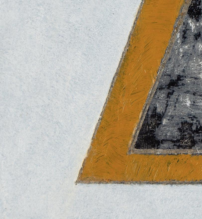 El juego - Pintura al óleo abstracta geométrica del siglo XX, gris, blanco + amarillo en venta 2