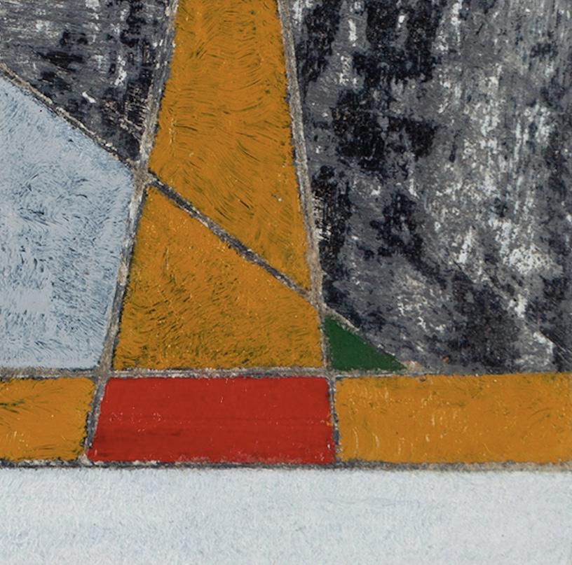 El juego - Pintura al óleo abstracta geométrica del siglo XX, gris, blanco + amarillo en venta 3