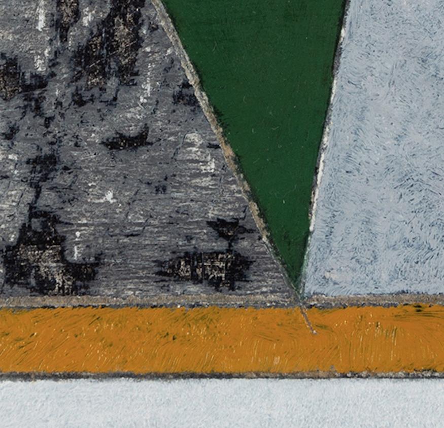 El juego - Pintura al óleo abstracta geométrica del siglo XX, gris, blanco + amarillo en venta 4