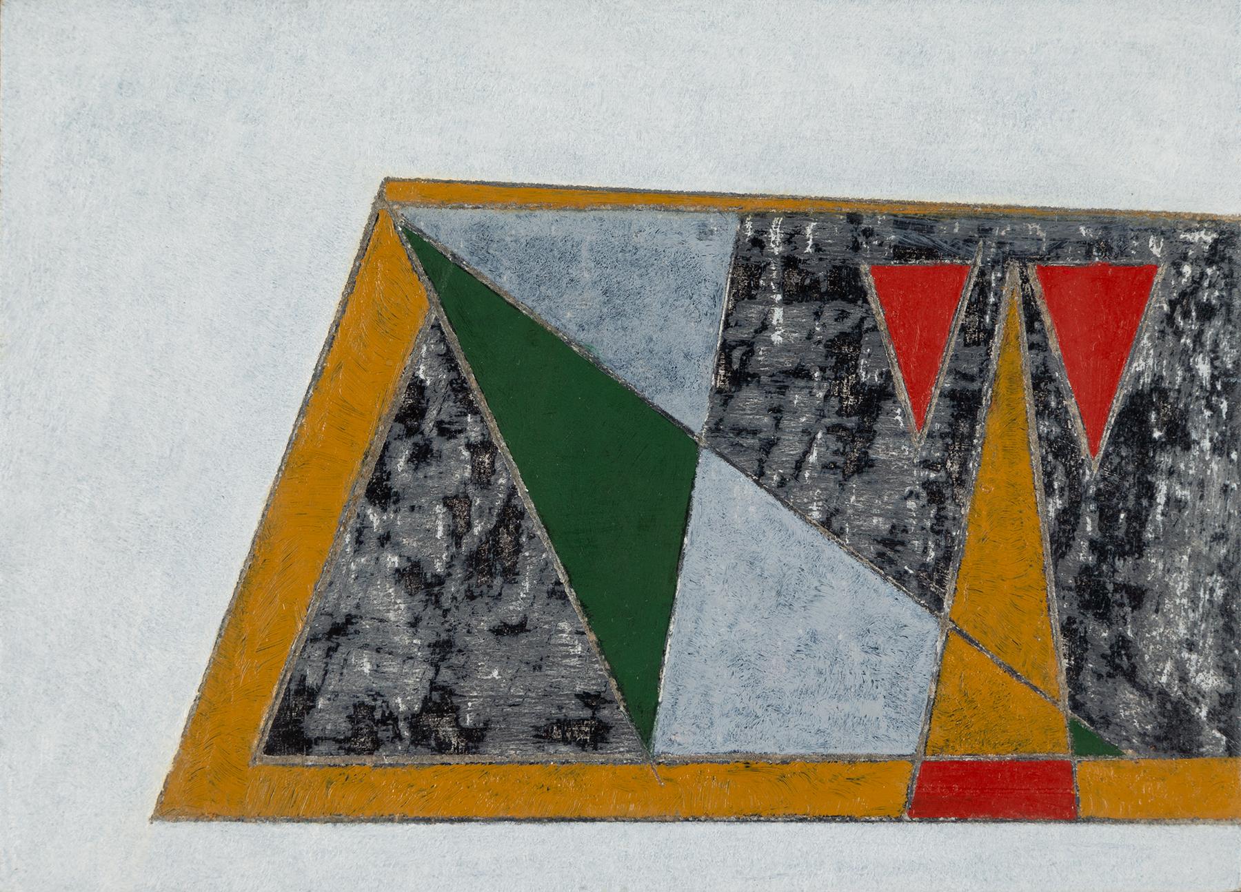 Le jeu - peinture à l'huile abstraite géométrique du 20e siècle, gris, blanc + jaune