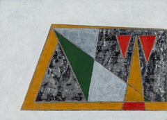 El juego - Pintura al óleo abstracta geométrica del siglo XX, gris, blanco + amarillo