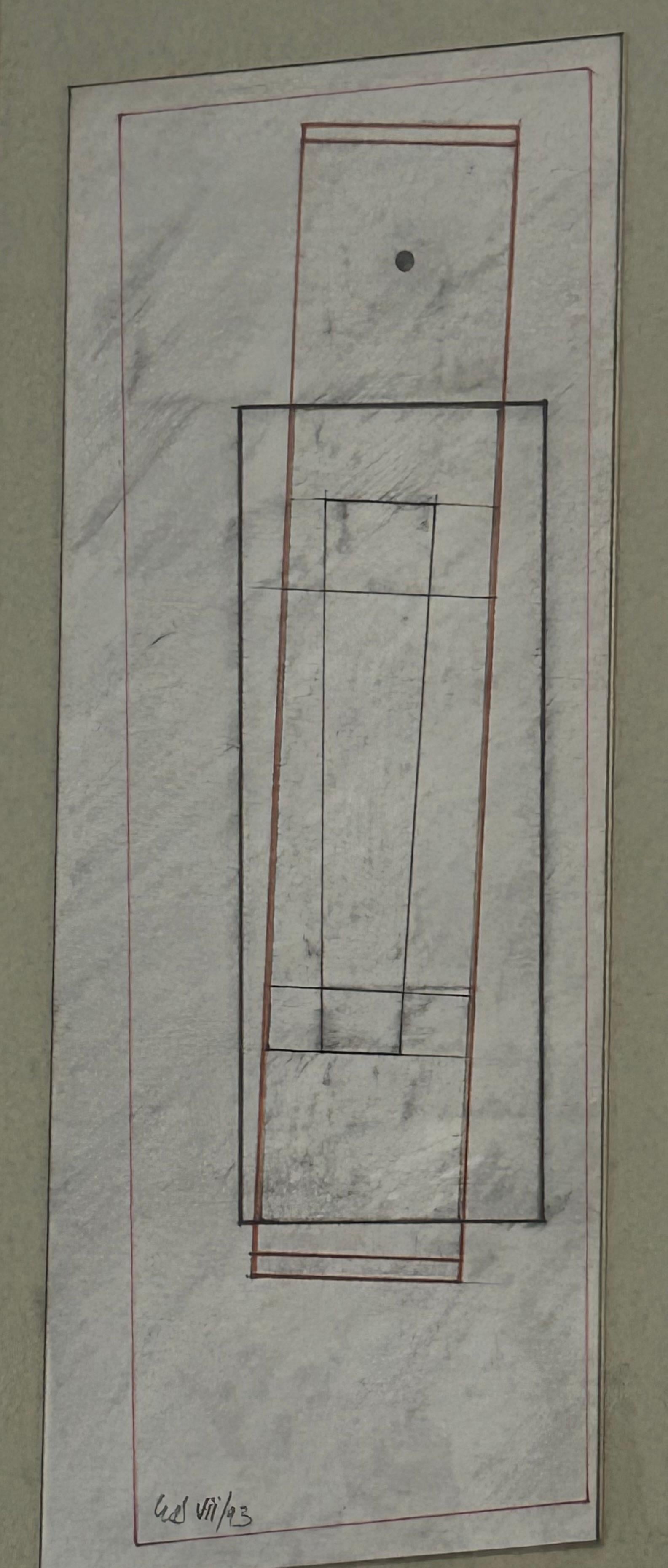 George Dannatt (1915-2009)
Vertical Drawing (on irregular support) 
1993 
Pens & pencil on card 
Image: 32.8 x 13.8 cm 
Mount: 45.5 x 25.5 cm 
Reference no: 1094 

George Dannatt’s long career as a painter and sculptor ended with the artist’s death