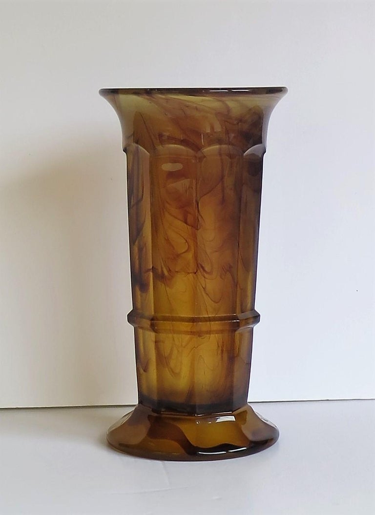 Pressed Art Deco large Amber Cloud Glass Column Vase by George Davidson,English Ca 1930s For Sale