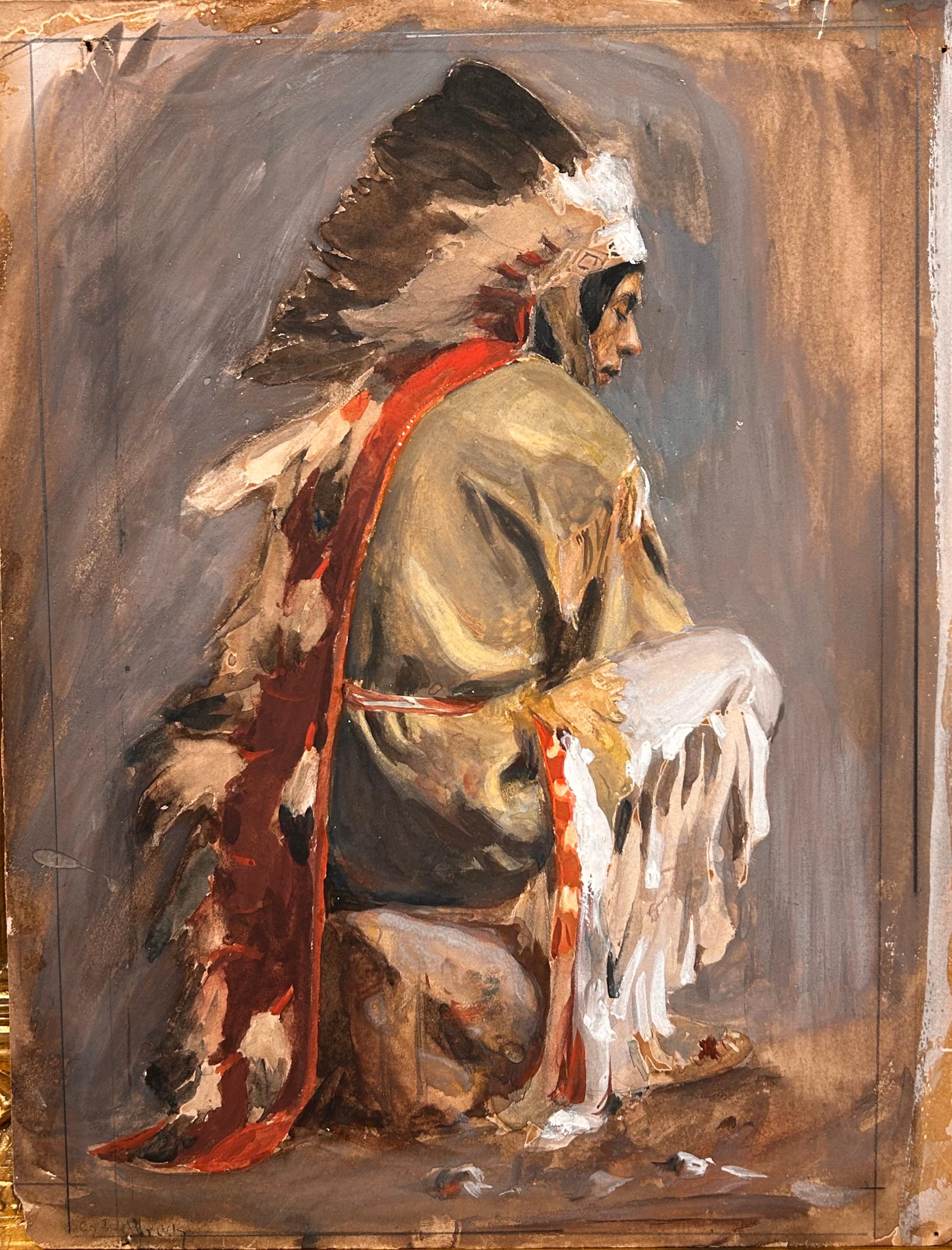 Porträt eines amerikanischen Ureinwohner in traditioneller Kleidung – Painting von George de Forest Brush 