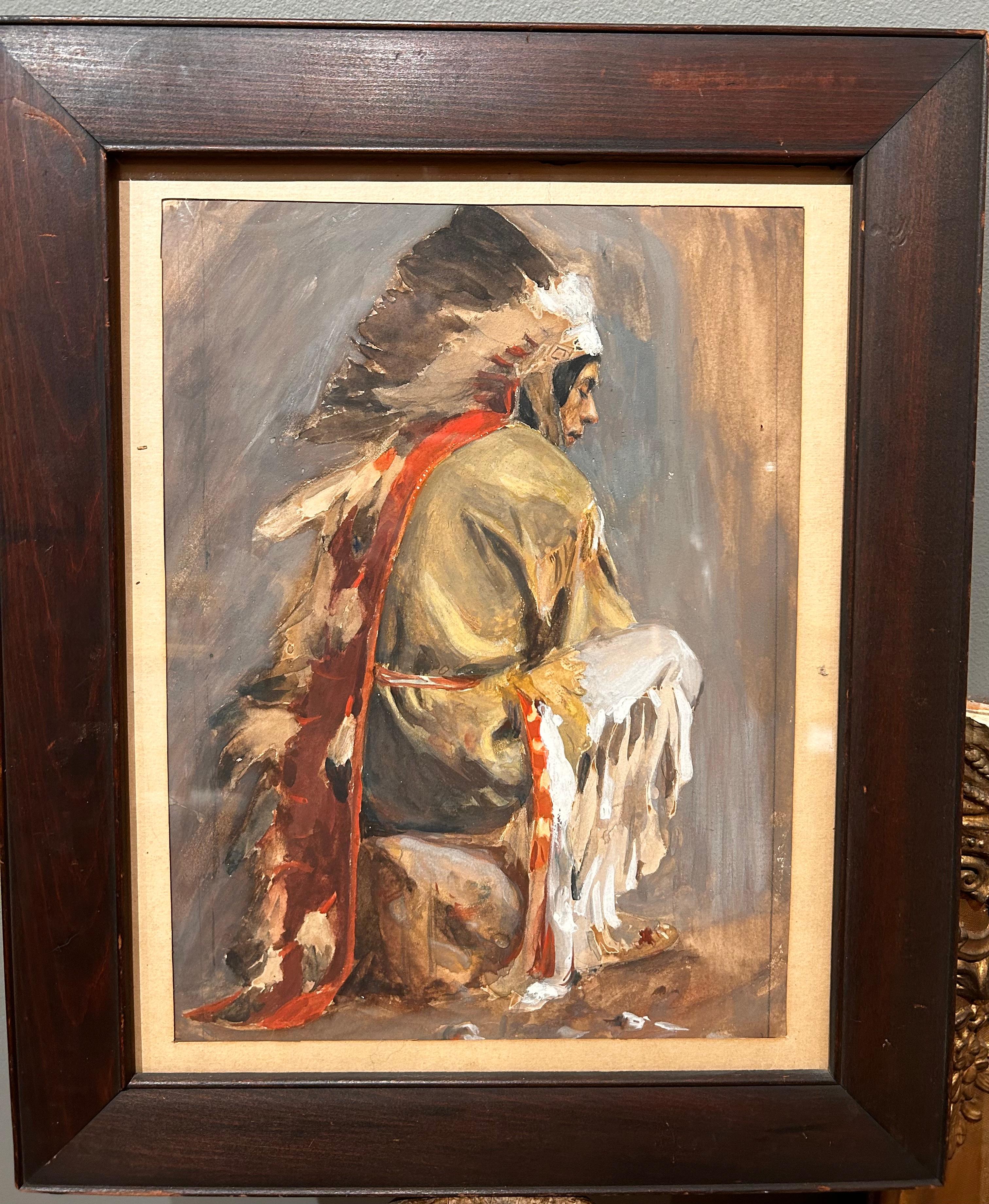 George de Forest Brush  Portrait Painting – Porträt eines amerikanischen Ureinwohner in traditioneller Kleidung