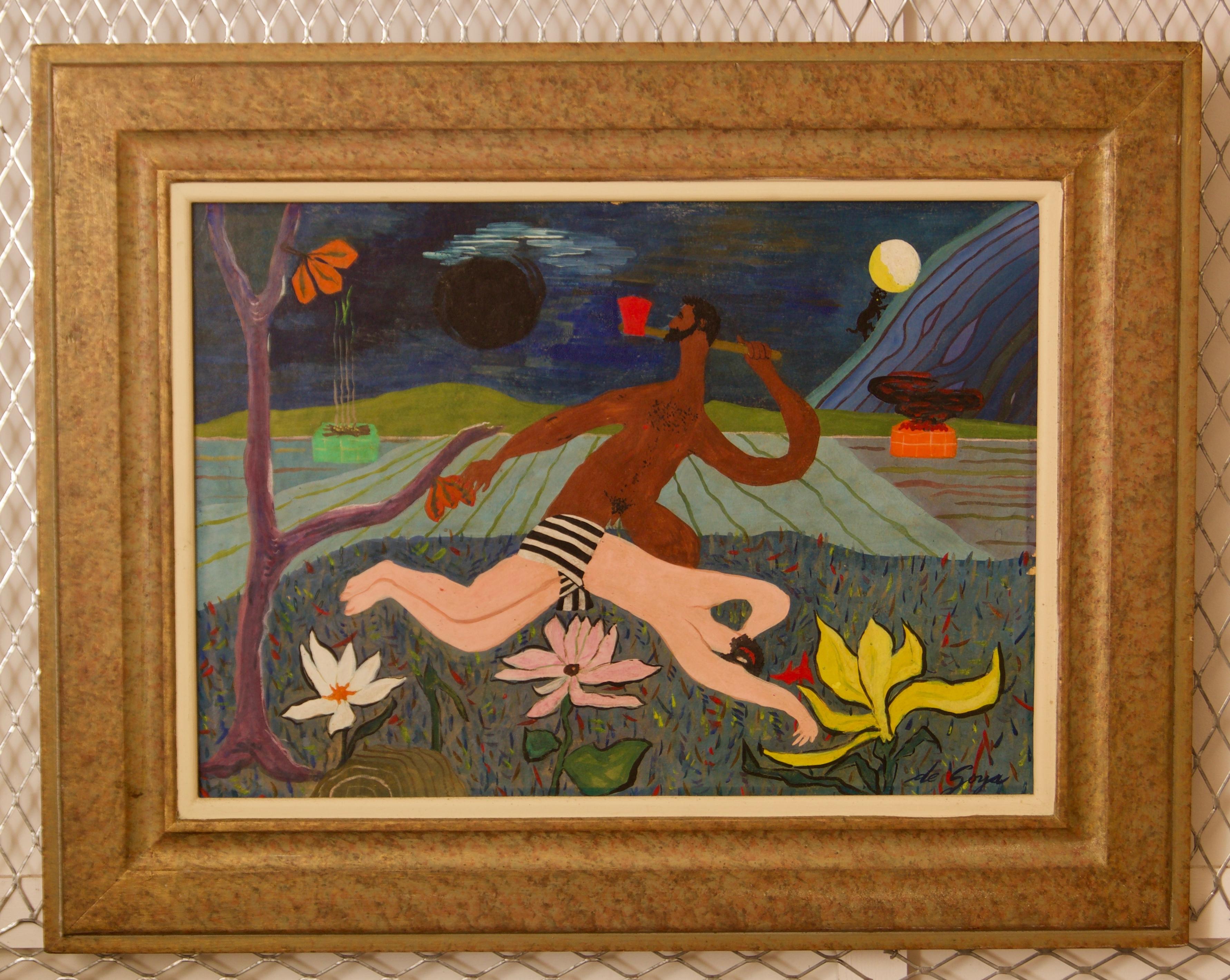 Abstract Nude Garden - Mid 20th Century Mixed Media Abstract Piece - De Goya - Painting by George De Goya