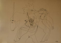 Vintage Abstract Piece - Late 20th Century Unicorn Man and Chicken by George De Goya