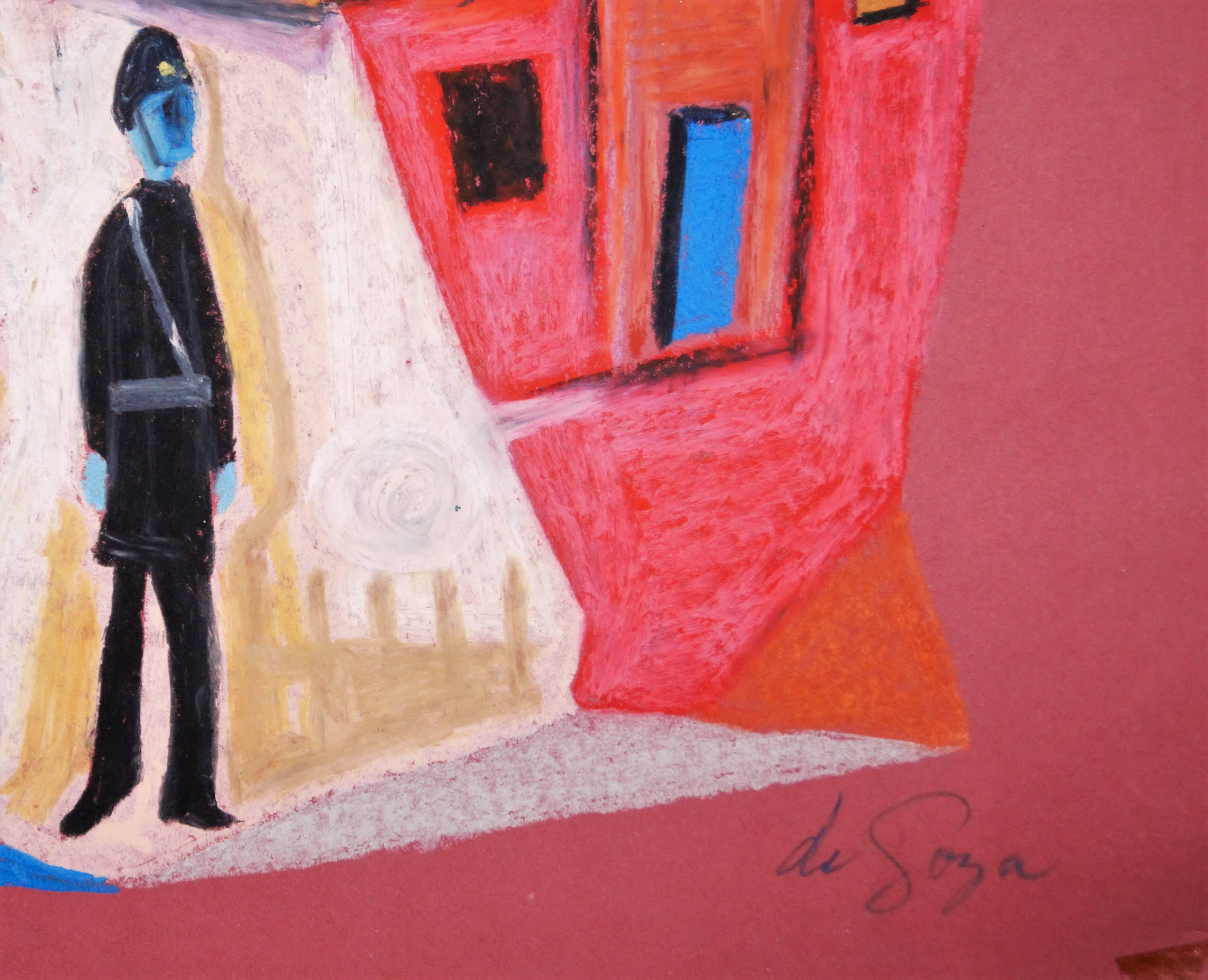 Abstract Policeman in Village - Mid 20th Century Mixed Media by George De Goya For Sale 1