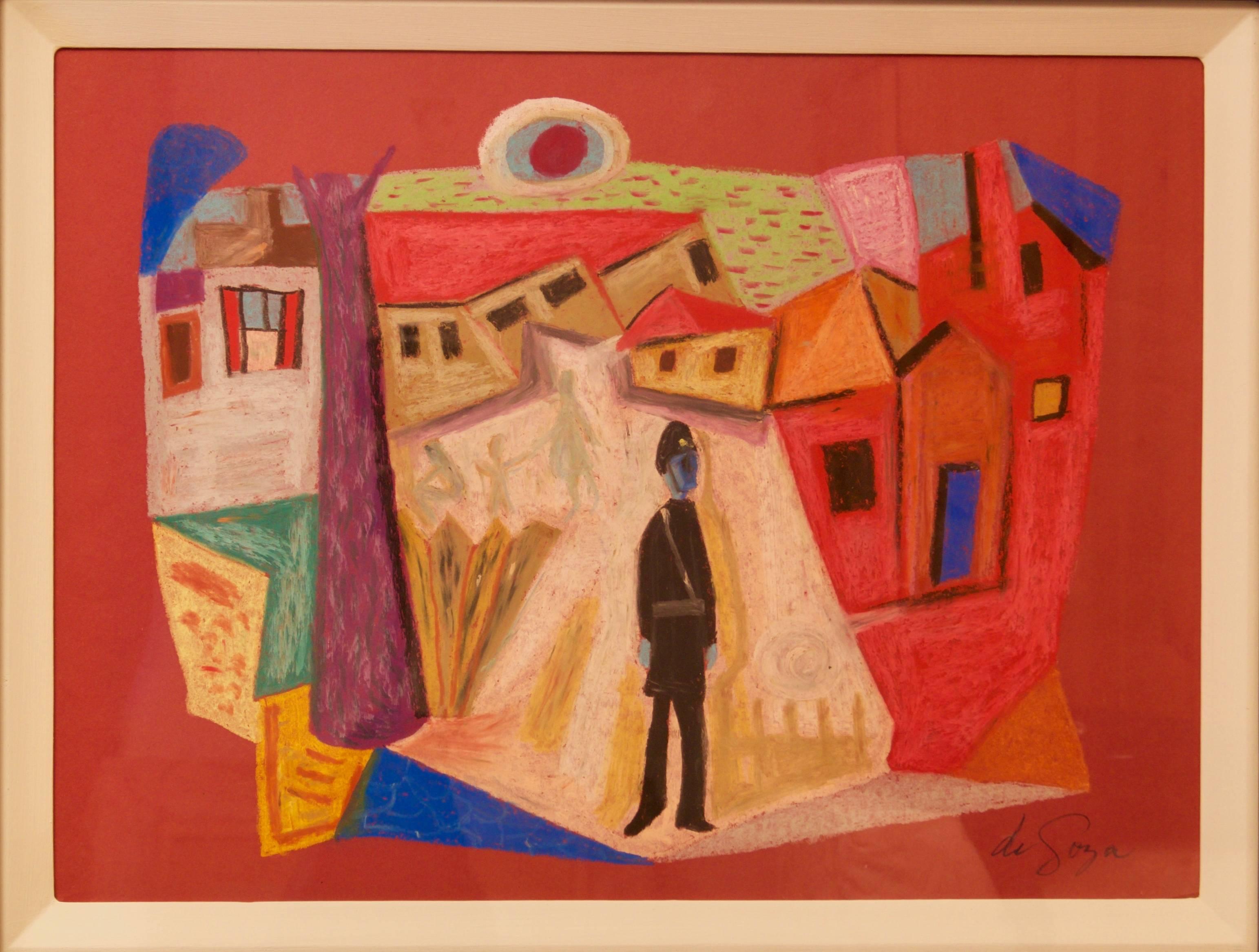 Abstract Policeman in Village - Mid 20th Century Mixed Media by George De Goya For Sale 2