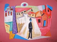 Abstract Policeman in Village - Mid 20th Century Mixed Media by George De Goya