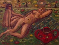 The Puszta - Late 20th Century Oil Abstract Nude Picnic - Hungary by De Goya