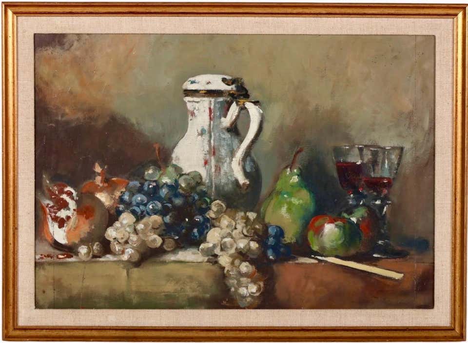 George Deem Appropriation Oil Painting Still Life, fruits, Grapes, Pomegranates
