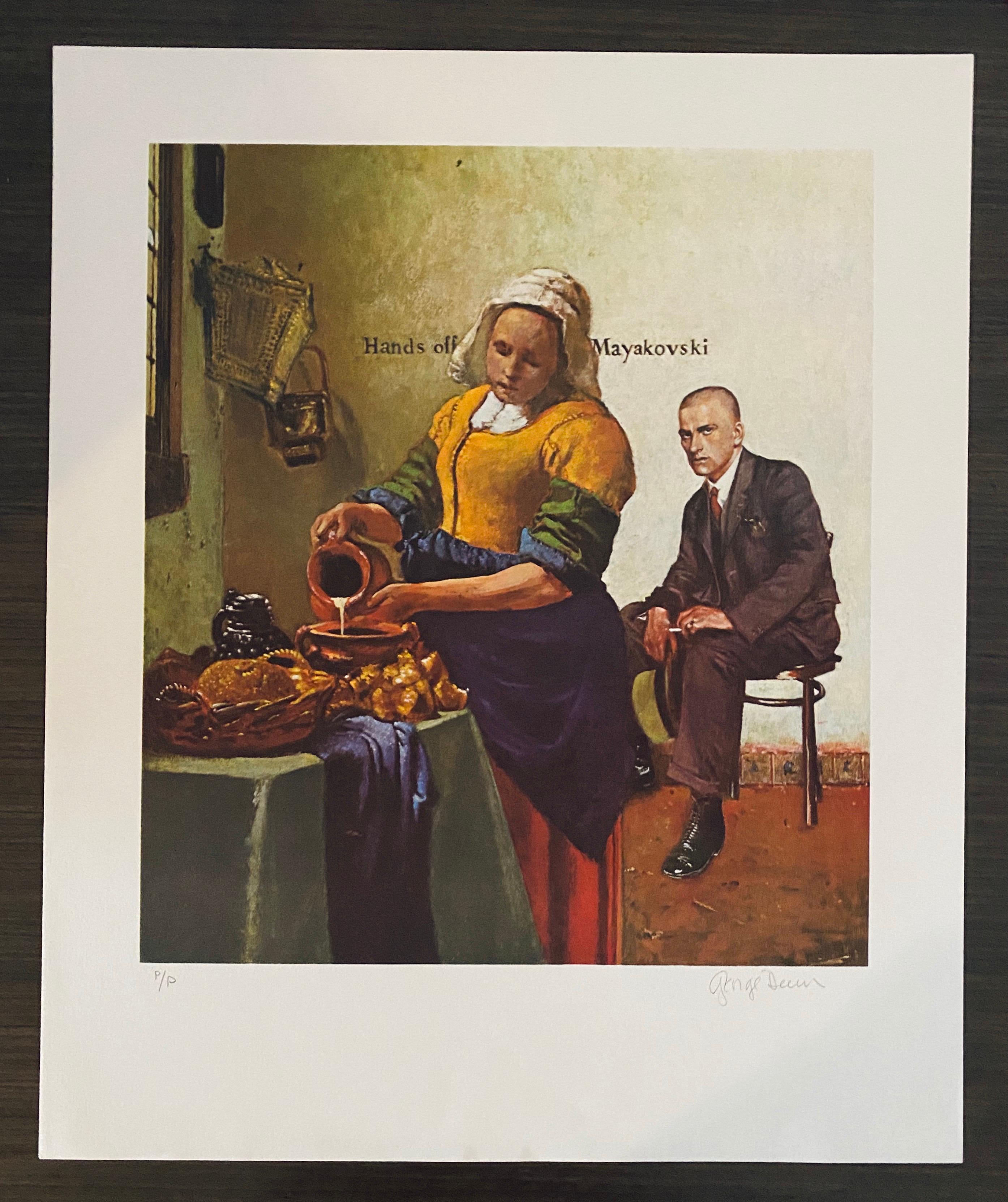 George Deem Figurative Print - American Artist Signed Color Lithograph Titled "Hands Off Mayakovsky"