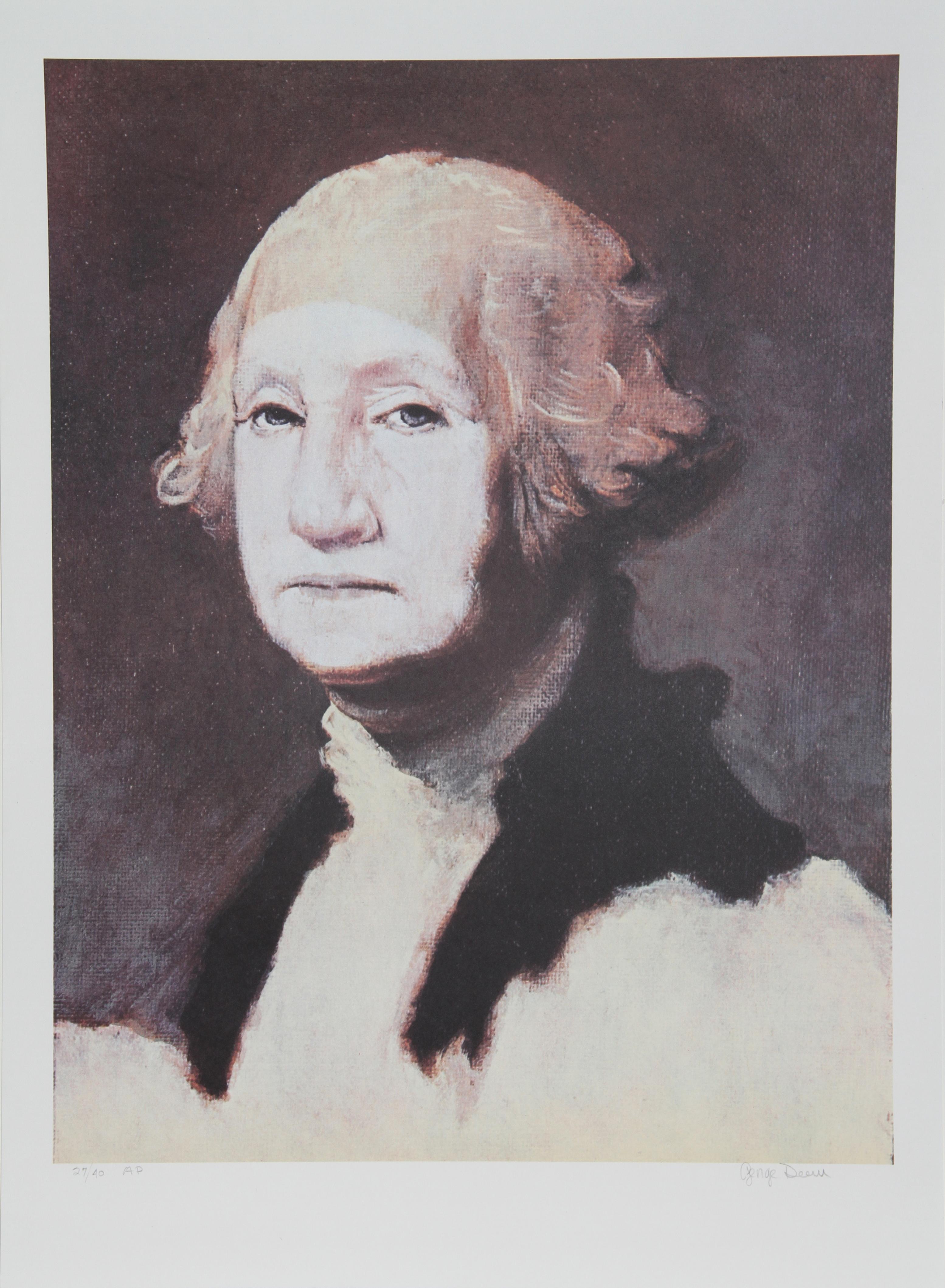 Artiste : George Deem, américain (1932 - 2008)
Titre : George Washington avec de la poudre
Année : Circa 1980
Médium : Lithographie, signée et numérotée au crayon
Edition : 300 ; AP 40
Taille de l'image : 25.5 x 19.5 pouces 
Taille du papier : 30