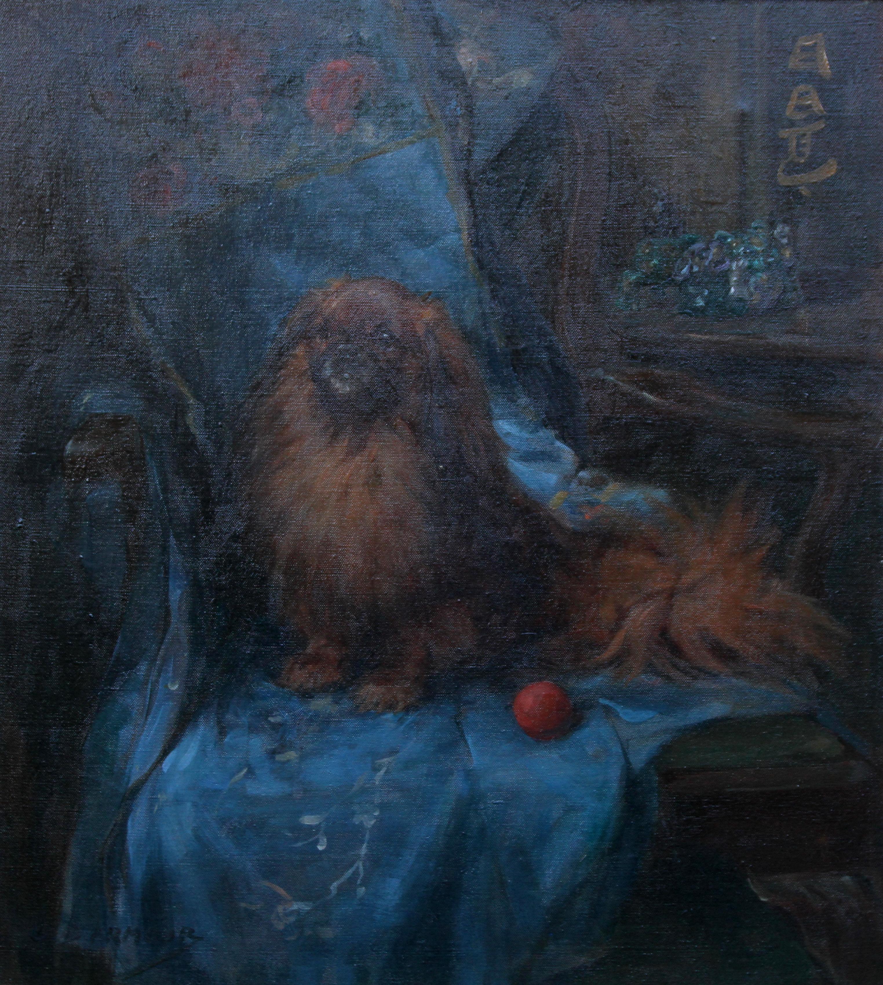 Pekinese  Porträt – britisches Art-Déco-Ölgemälde eines Hundes, Innenraum, Tier im Angebot 6