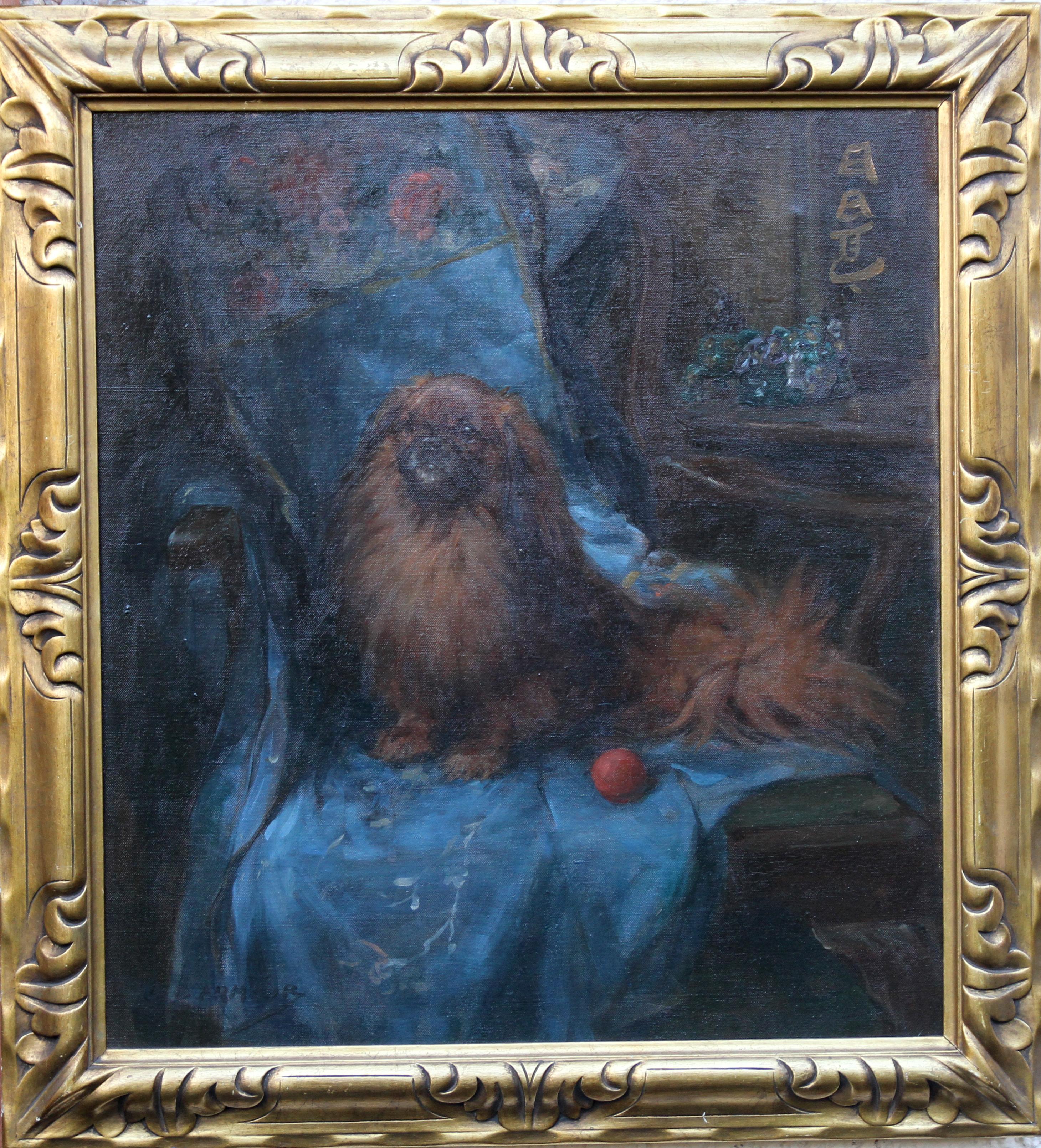 Pekinese  Porträt – britisches Art-Déco-Ölgemälde eines Hundes, Innenraum, Tier im Angebot 7