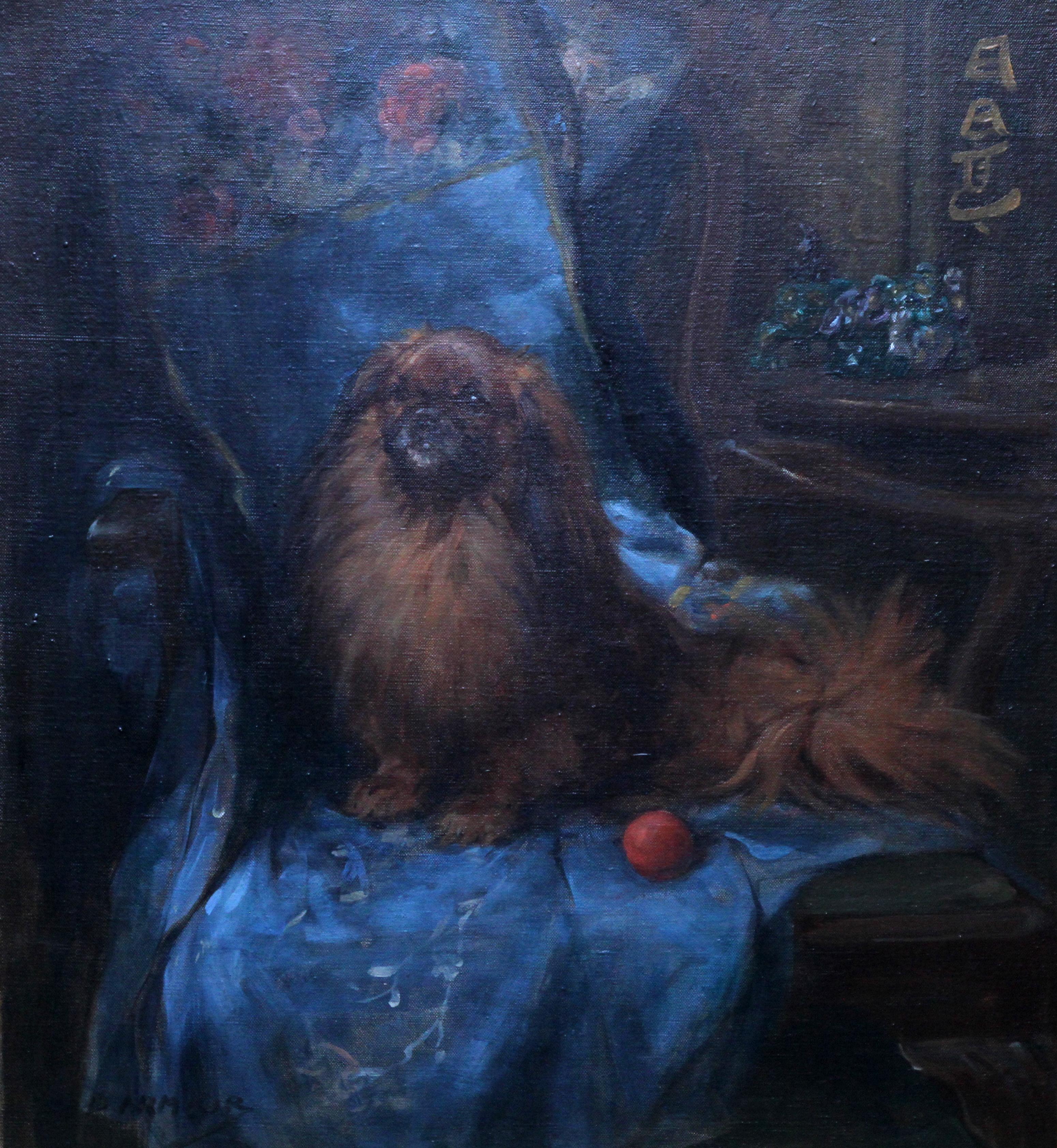 A beautiful British portrait of a Pekingese dog by George Denholm Armour. Dated to circa 1920, it is a superb Art Deco animal portrait with bold brush strokes and vibrant colour. The dog's name is, I believe, written in Japanese top right. 
Signed