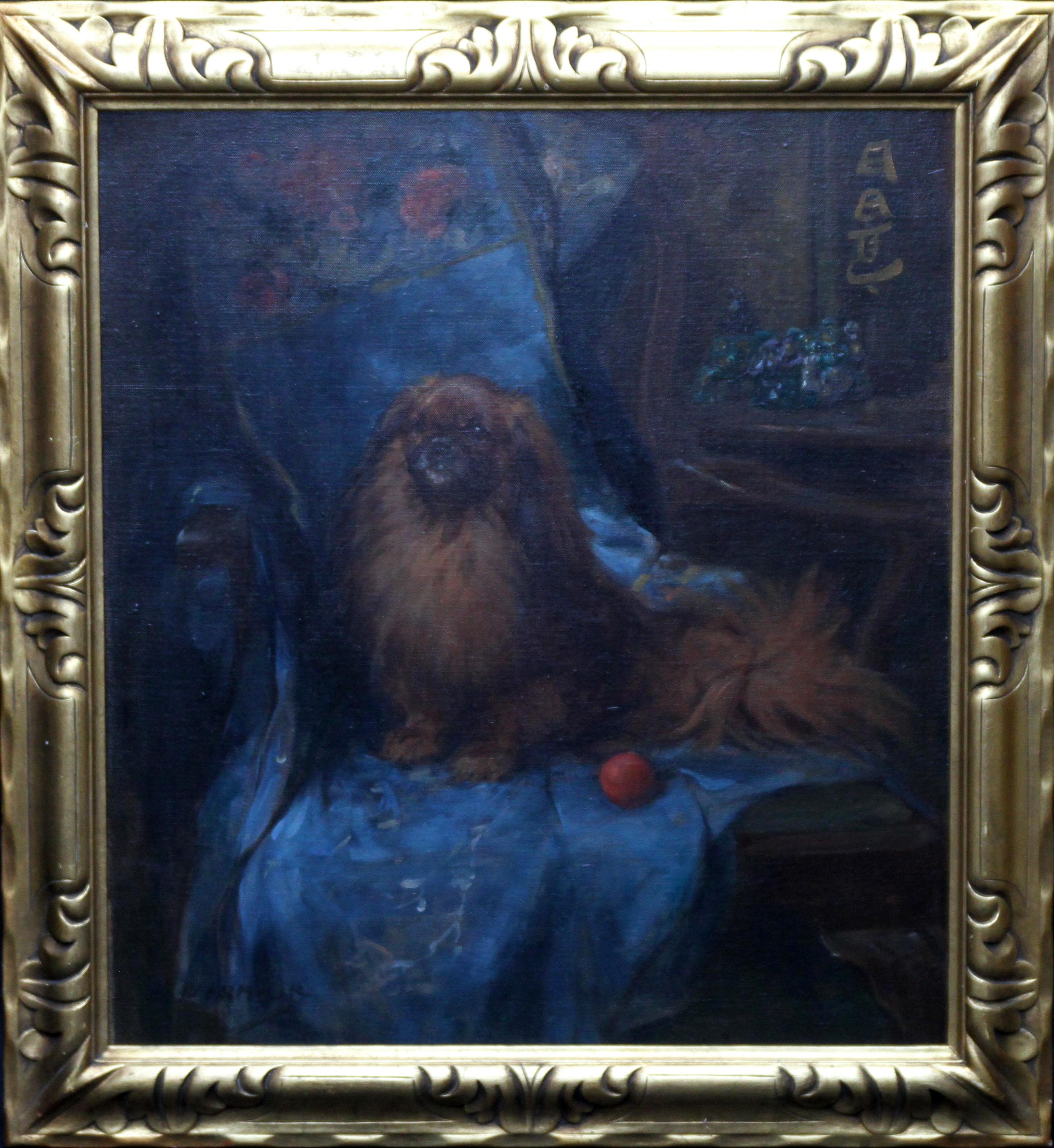 Pekingese  Portrait - British Art Deco oil painting dog interior animal artist For Sale 1