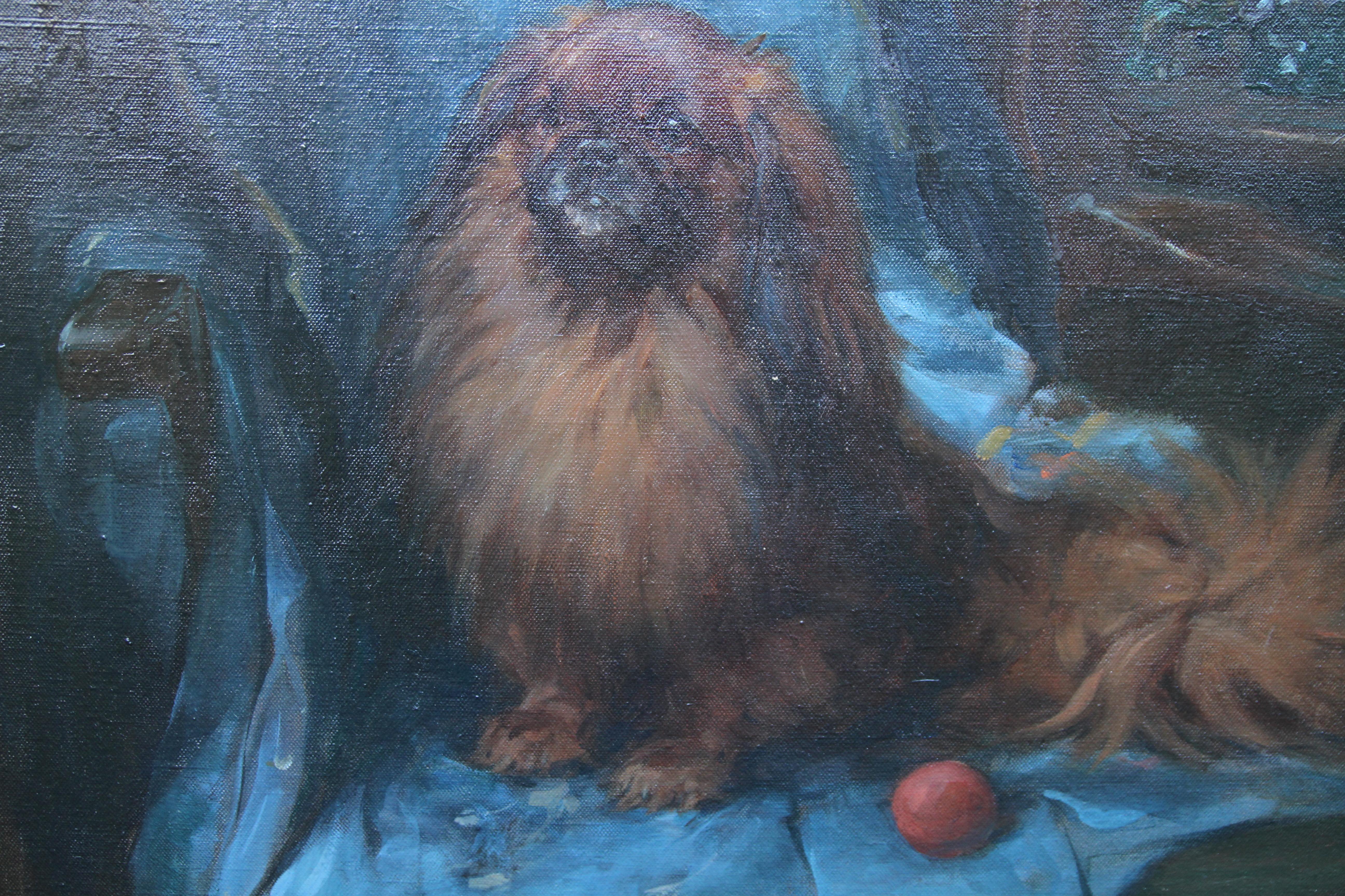 Pekinese  Porträt – britisches Art-Déco-Ölgemälde eines Hundes, Innenraum, Tier im Angebot 3