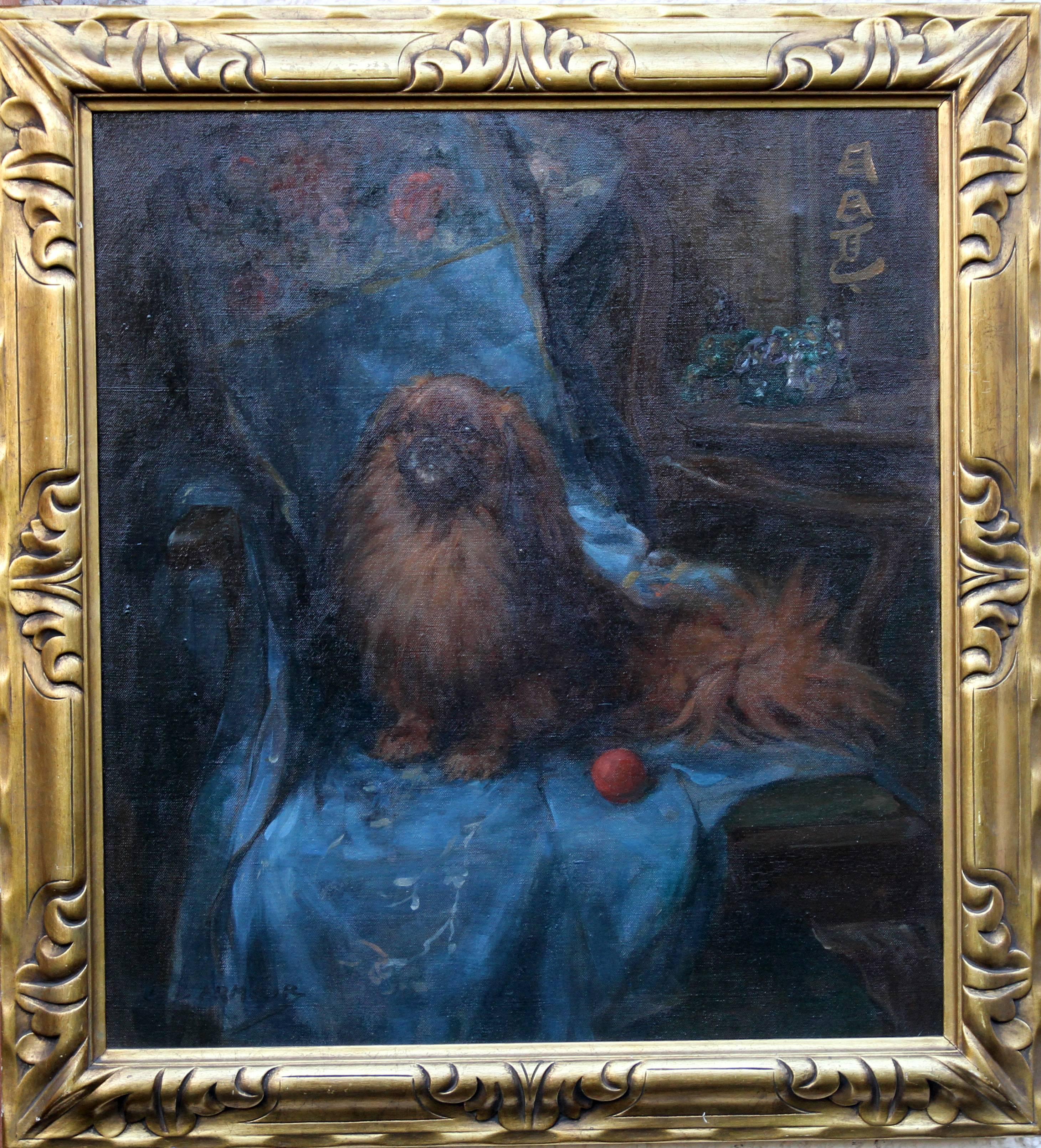 George Denholm Armour Animal Painting – Pekinese  Porträt – britisches Art-Déco-Ölgemälde eines Hundes, Innenraum, Tier