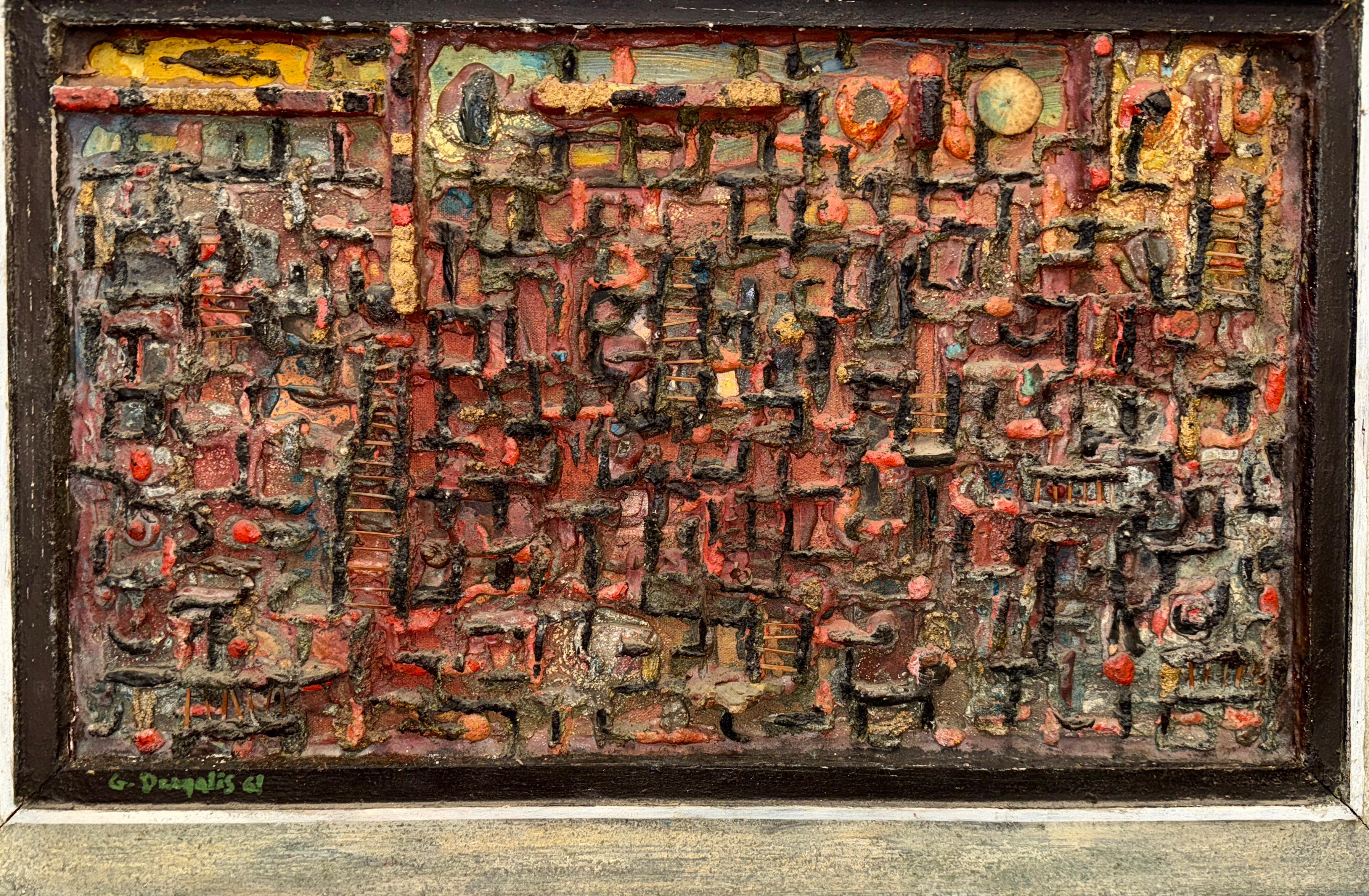 A  Maravillosa construcción de técnica mixta del célebre artista George Dergalis. Esta construcción está fechada en 1961. Contiene múltiples elementos y pintura empastada sobre tabla. Fíjate en las fotos, es una obra de arte elaborada y