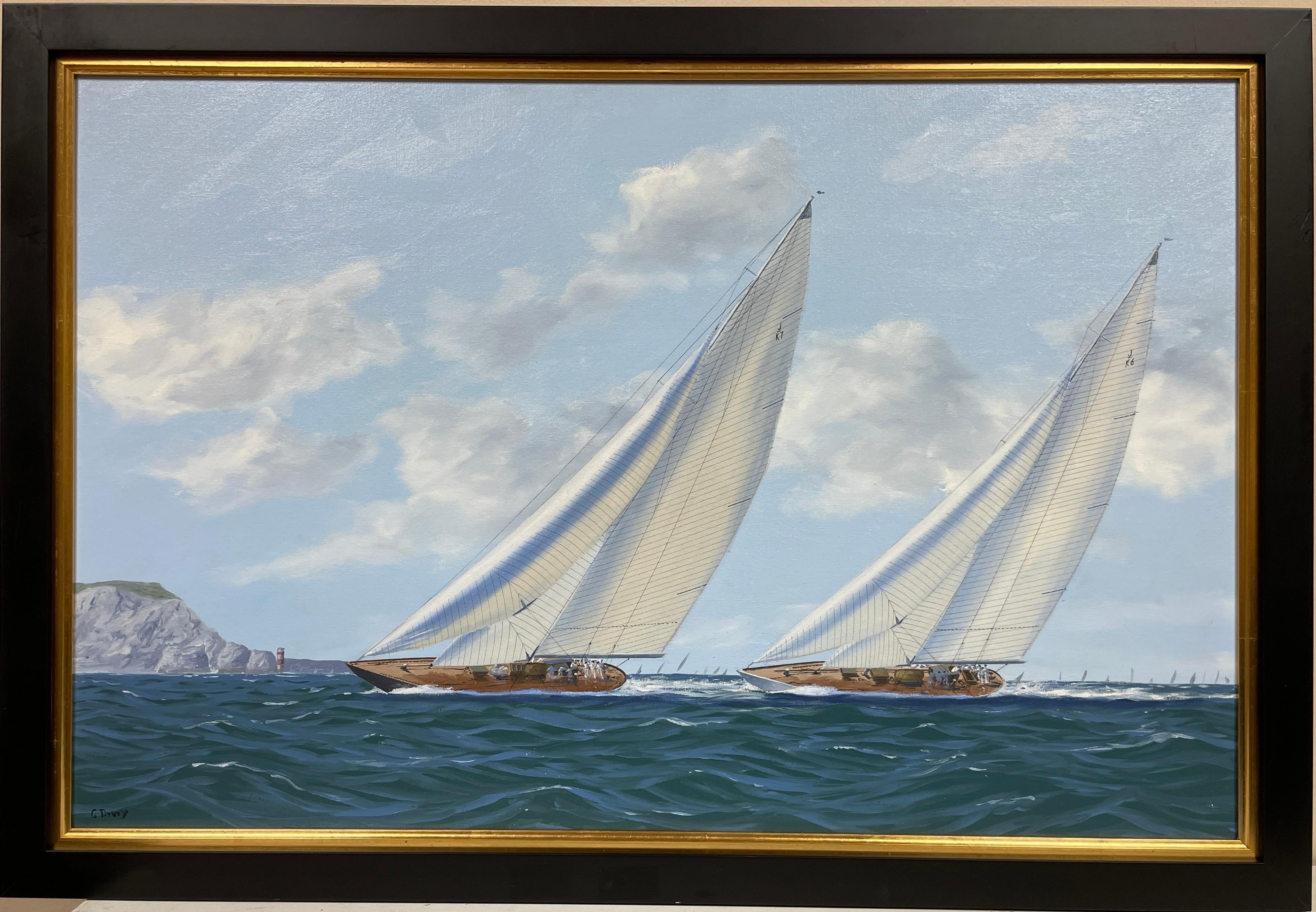 Voiliers de course classiques au large des aiguilles, belle peinture à l'huile signée de la marine britannique - Painting de George Drury