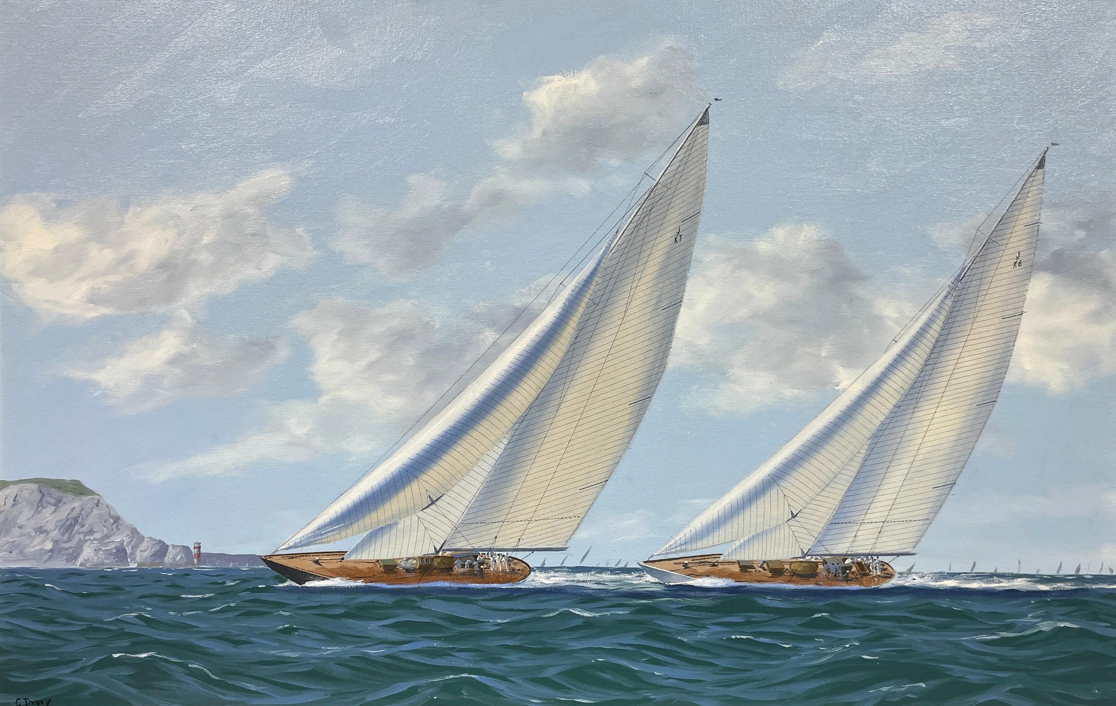 George Drury Figurative Painting – Klassische klassische Renn Yachts vor den Nadeln, signiertes Ölgemälde der britischen Marine