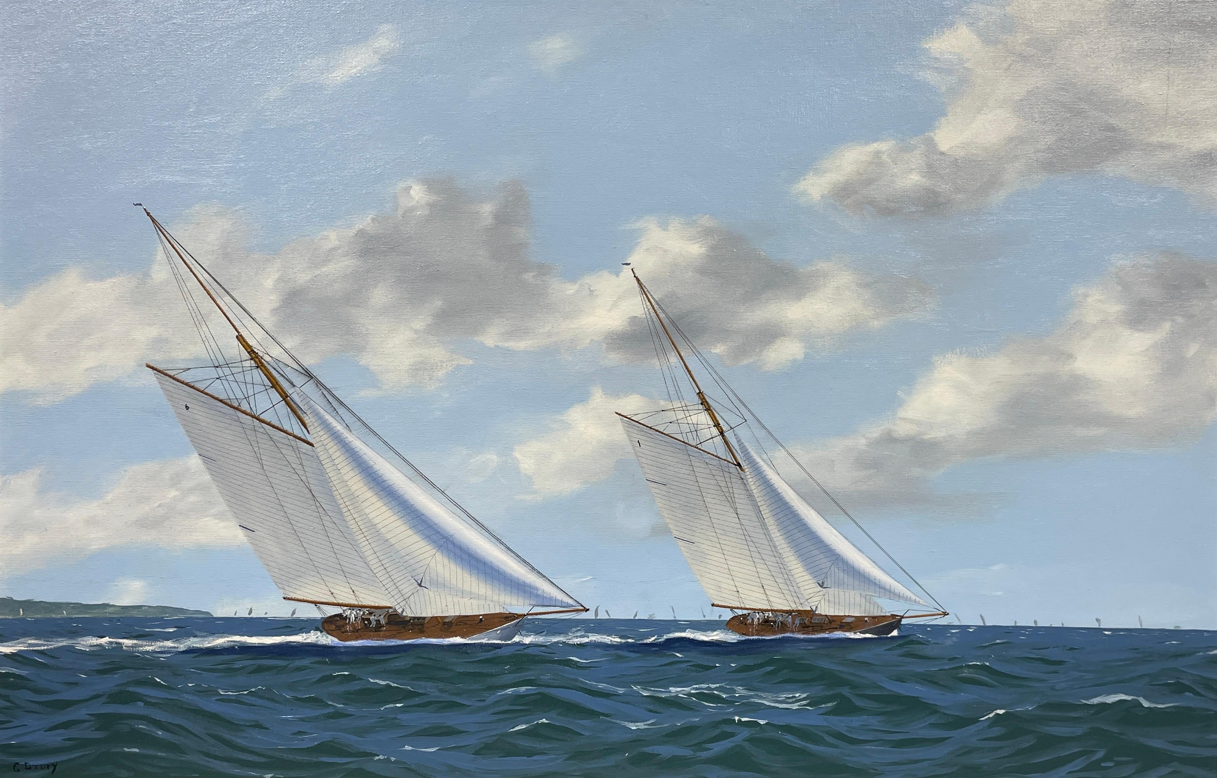 George Drury Figurative Painting - Classic Racing Yachts on the Solent, Fine British Marine Signed Oil Painting