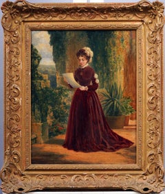 Antiguo cuadro al óleo inglés de género realista enmarcado Retrato de la High Society