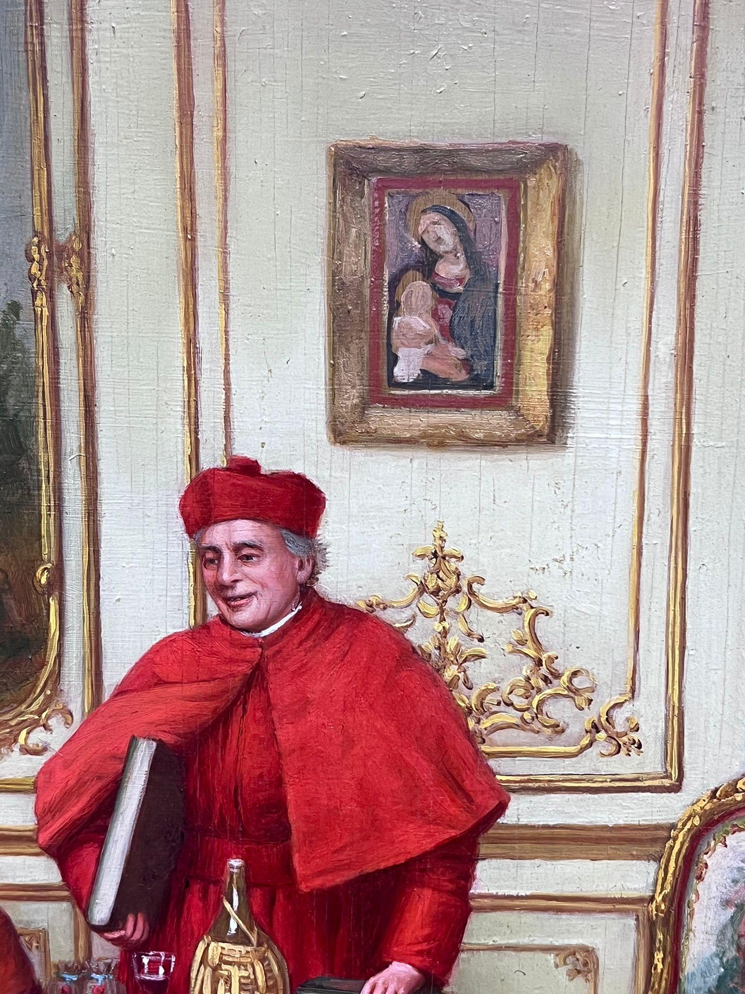 Fine Antique French Signed Oil Painting Cardinals in Lavish Interior Setting 7