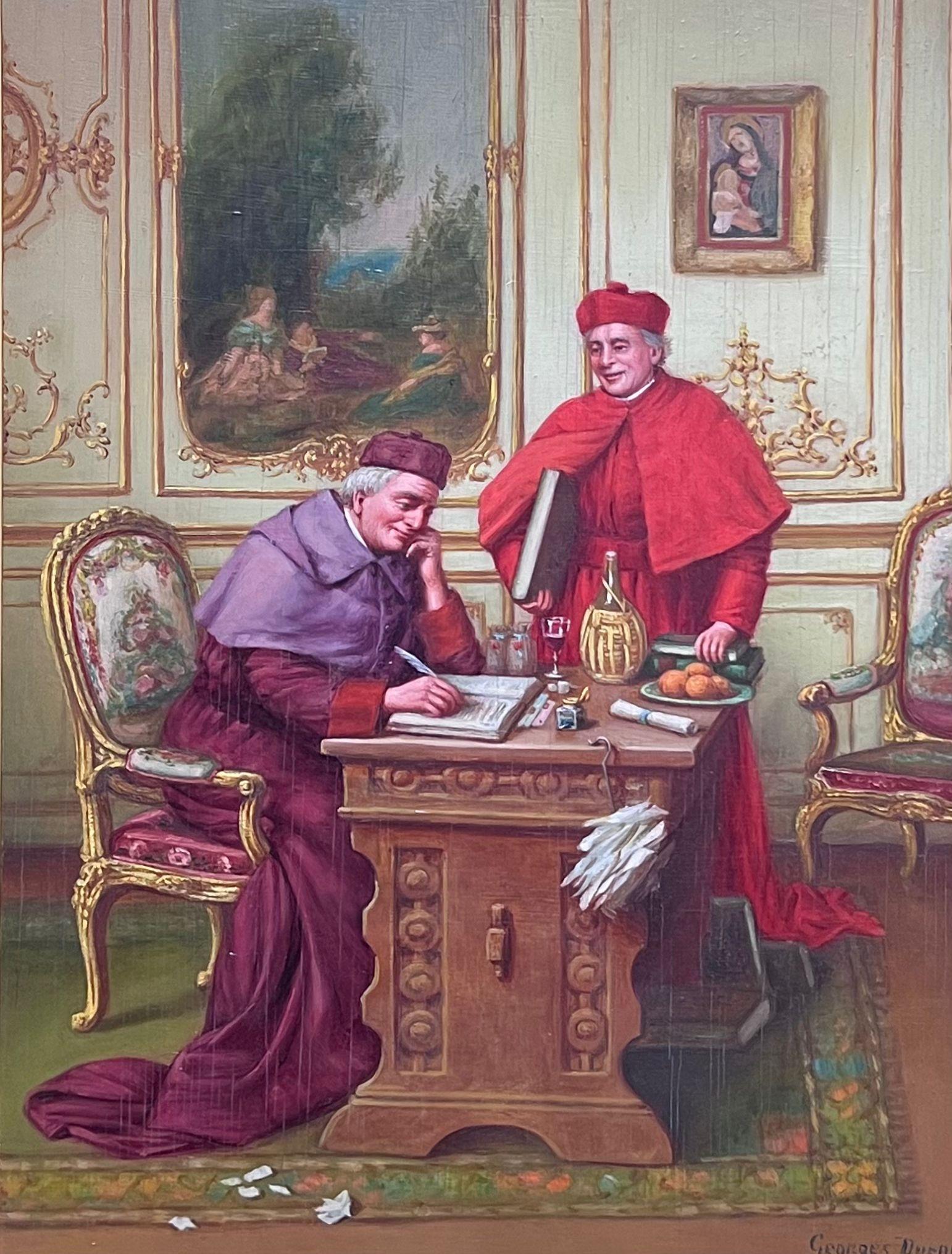 Fine Antique French Signed Oil Painting Cardinals in Lavish Interior Setting - Brown Figurative Painting by George Dupre