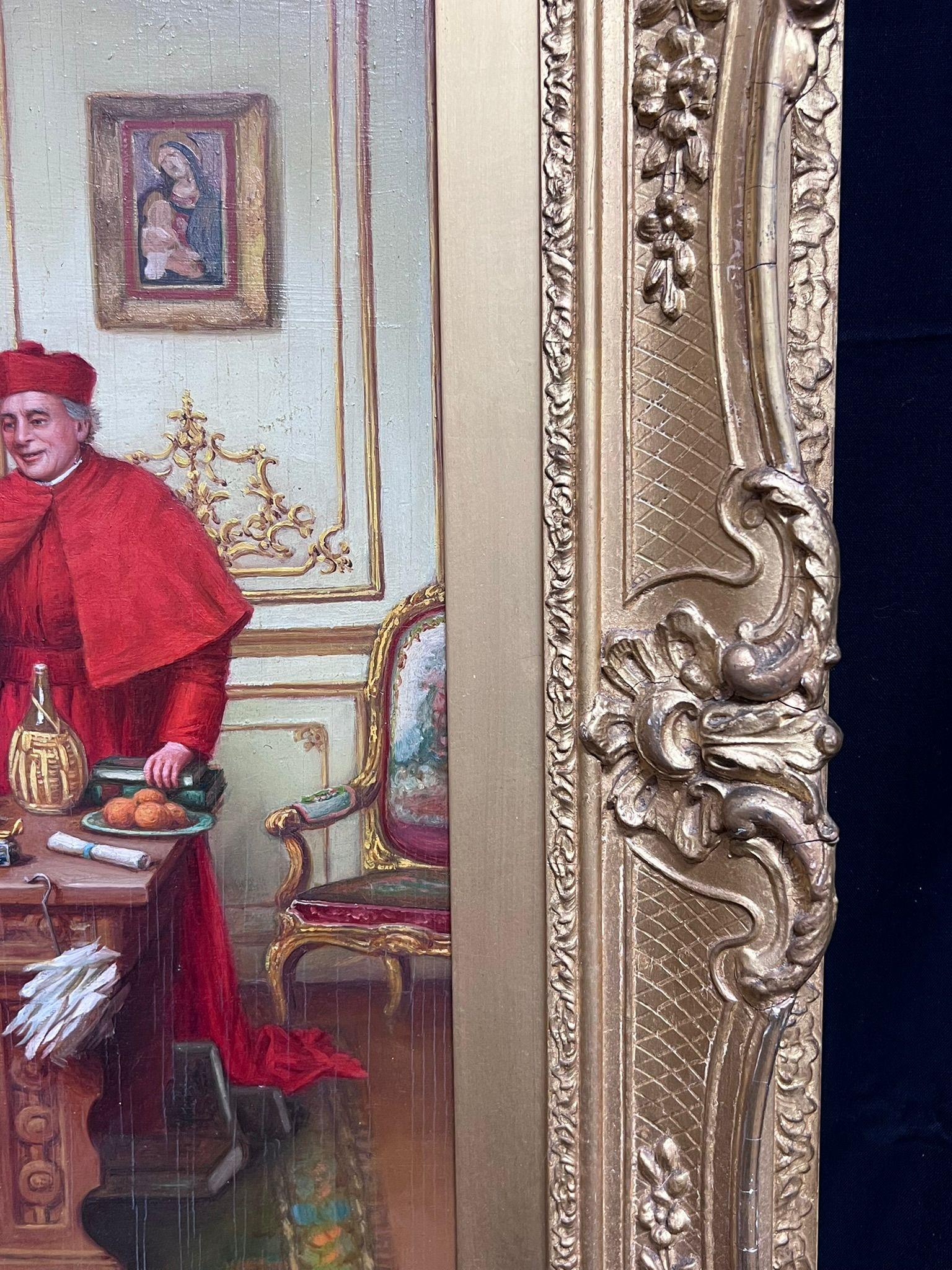 Fine Antique French Signed Oil Painting Cardinals in Lavish Interior Setting 1