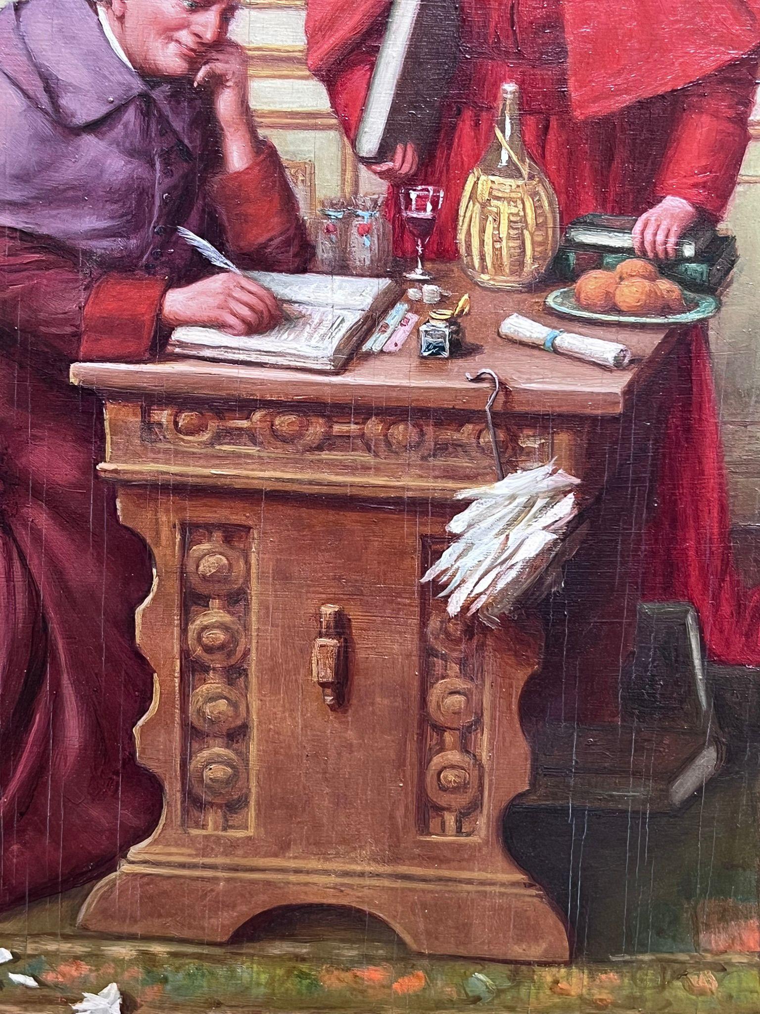 Fine Antique French Signed Oil Painting Cardinals in Lavish Interior Setting 3