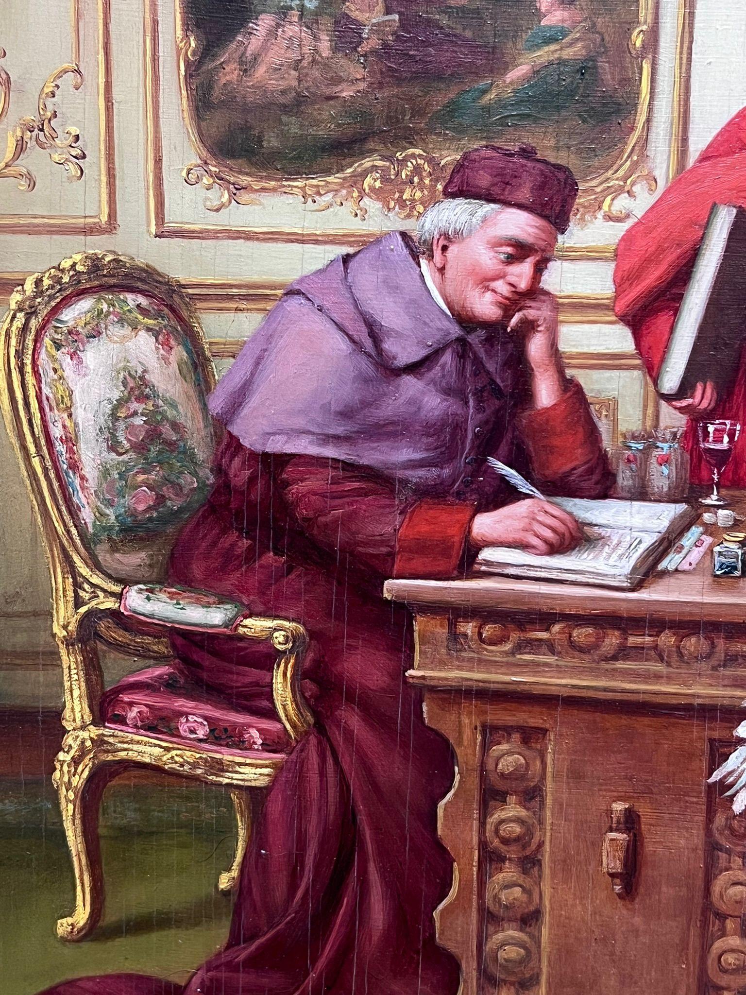 Fine Antique French Signed Oil Painting Cardinals in Lavish Interior Setting 4