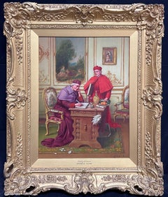 Fine Antique French Signed Oil Painting Cardinals in Lavish Interior Setting