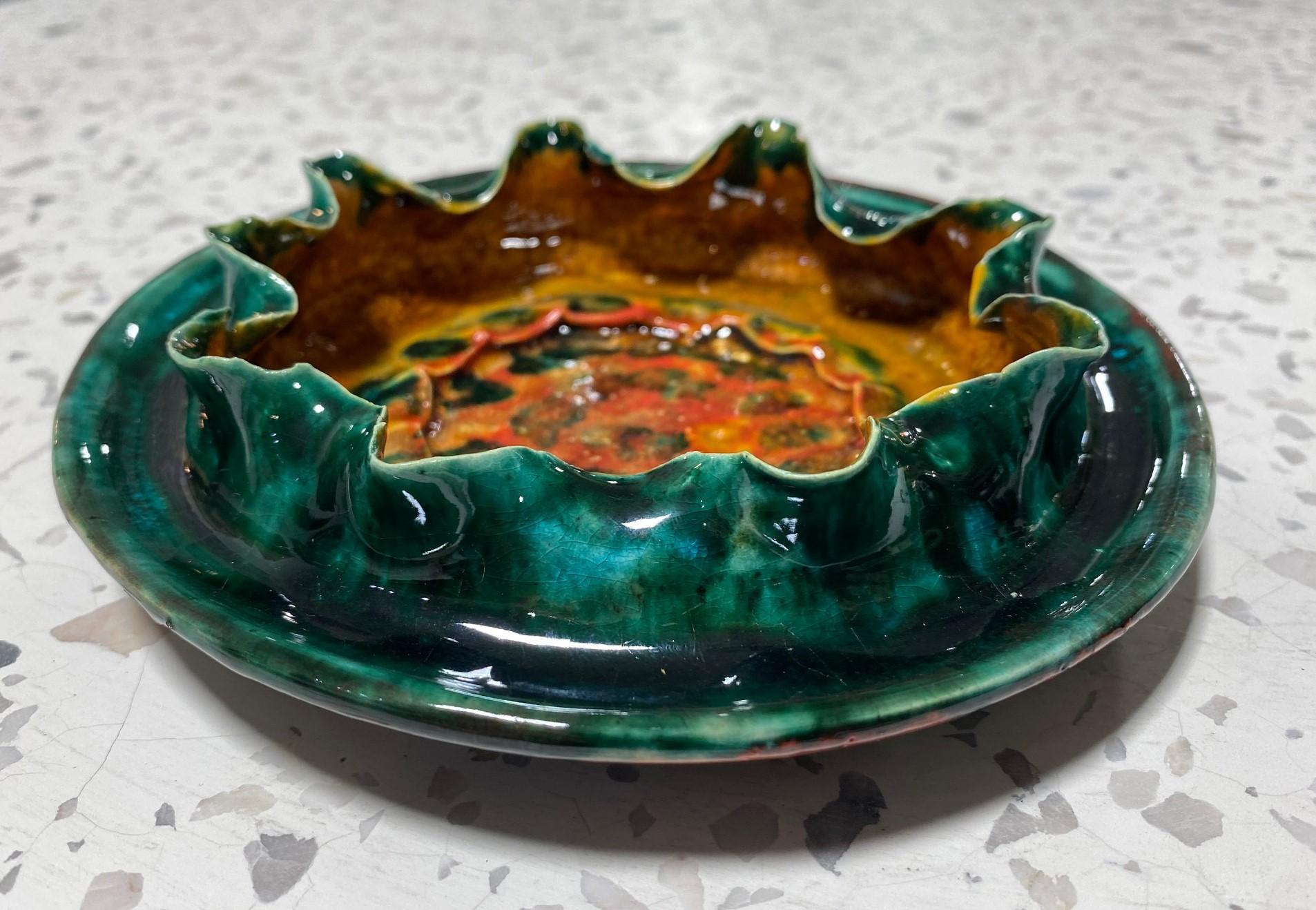George E. Ohr Signed Biloxi Pottery Glazed Art Ceramic Ruffled Thin Rim Bowl 3