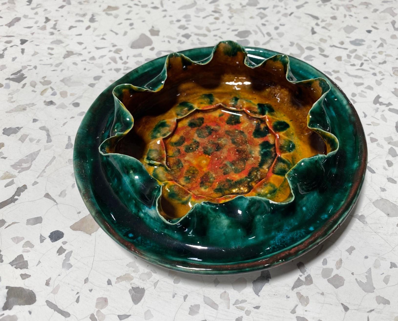 George E. Ohr Signed Biloxi Pottery Glazed Art Ceramic Ruffled Thin Rim Bowl 11